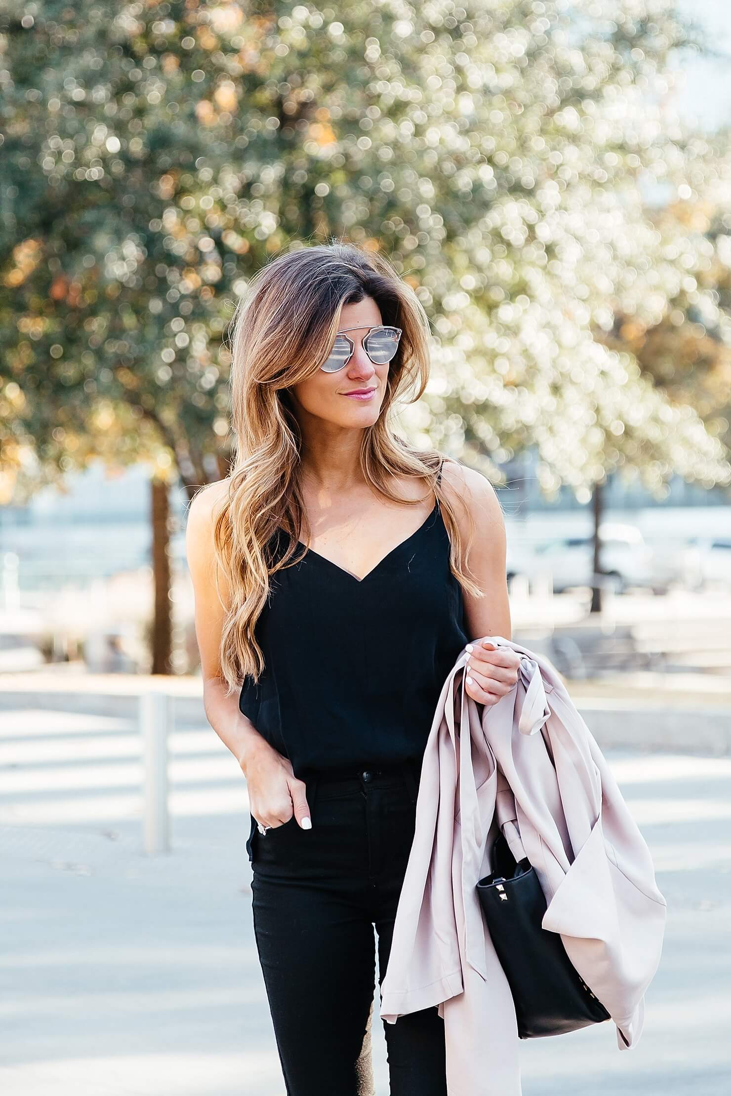black v-neck tank top with black jeans, dior so real sunglasses