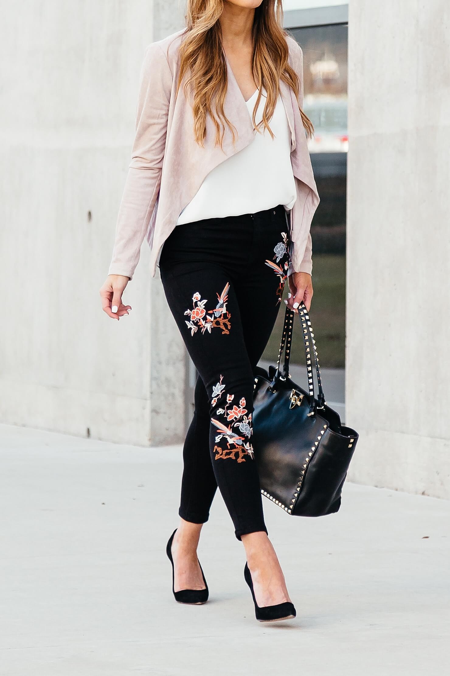 embroidered jeans outfit // floral pant outfit // pink jacket outfit ideas 