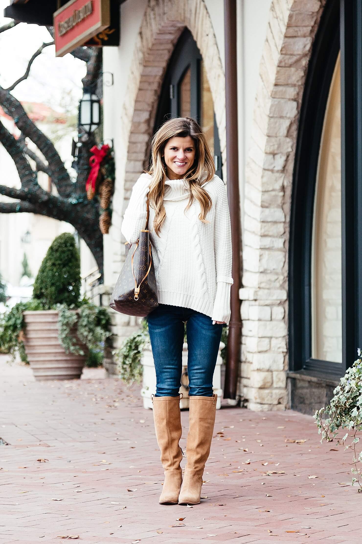 brighton the day ootd cowl neck sweater, jeans, slouch boots, lv tote