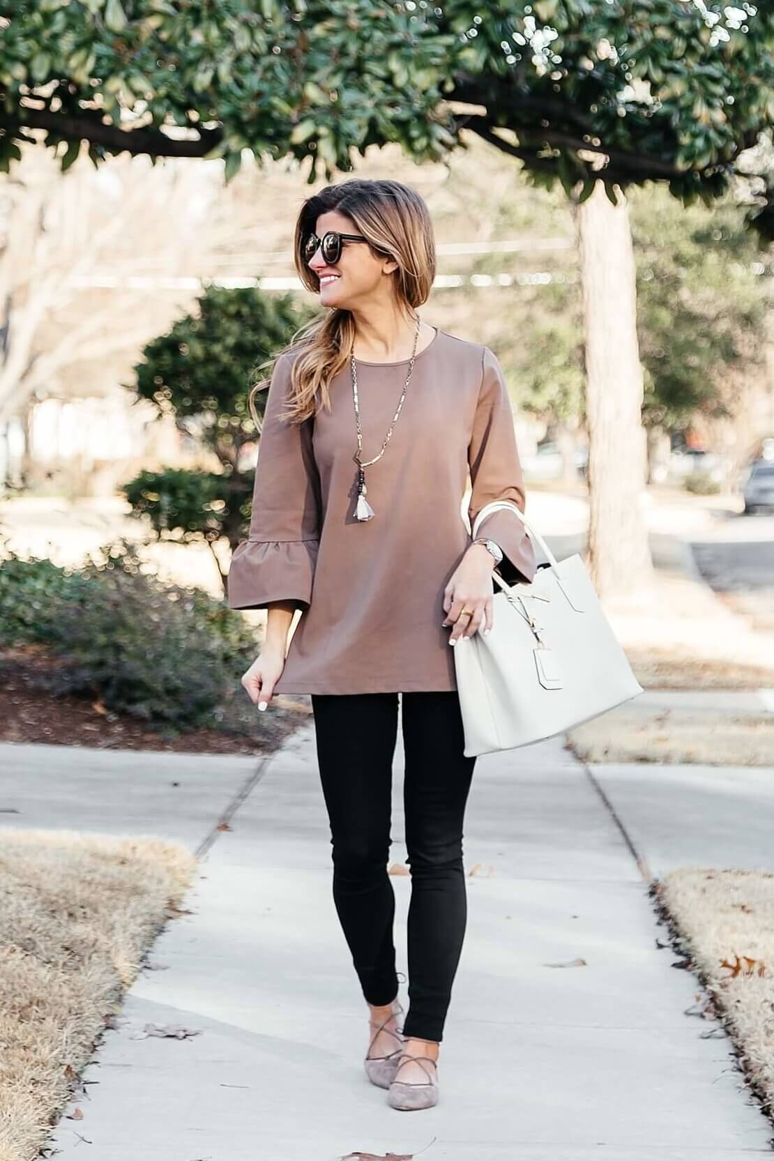 brighton the day peplum sleeve top and black pants with Stewart Weitzman lace up flats