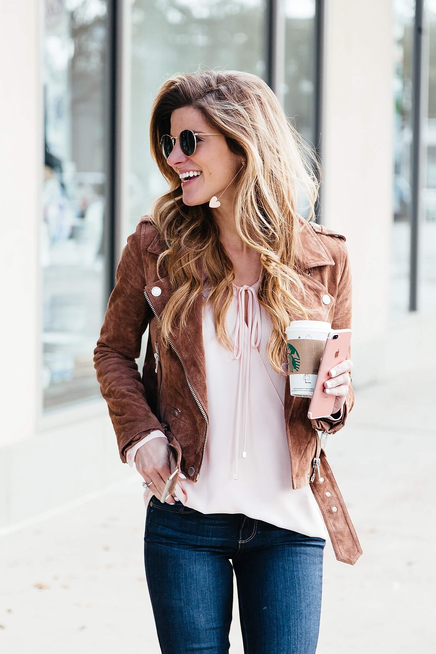blush pink surplice top, blank NYC suede moto biker jacket, paige jeans, how to have a happy valentines day