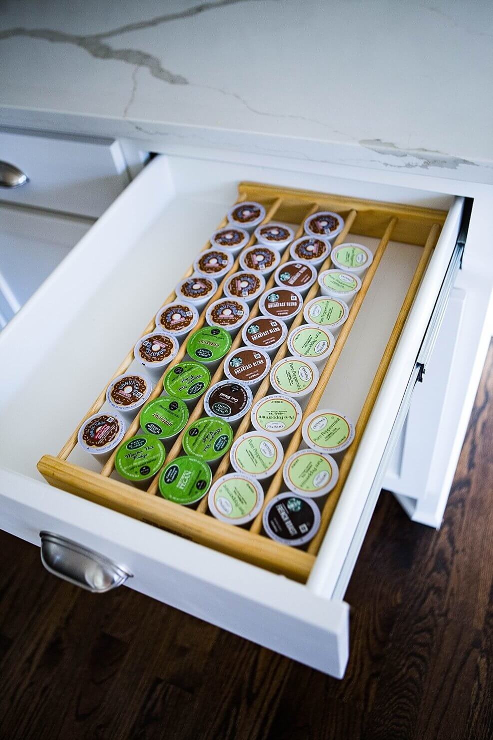 How to organize your kitchen cabinets - coffee drawer, organizing K-cups in drawer with wood insert organizer