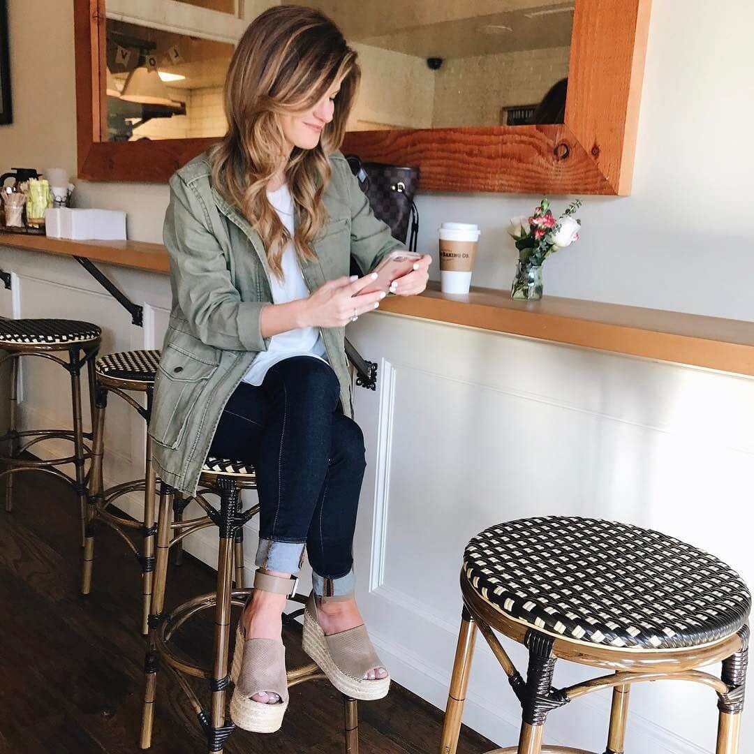 brighton the day coffee shop austin ootd jeans, sneakers, jacket