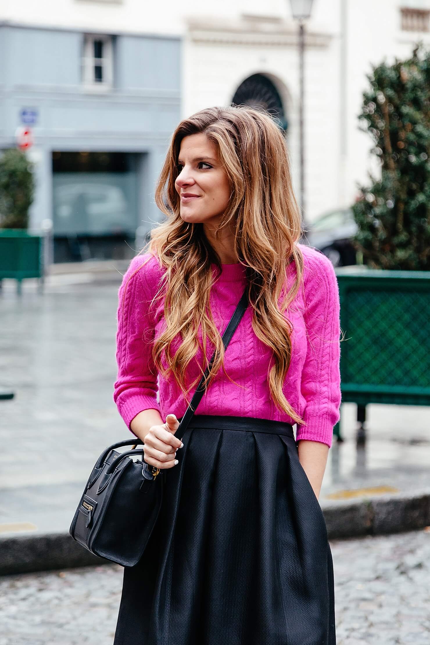 Black midi skirt, hot pink sweater, gucci loafers in Paris