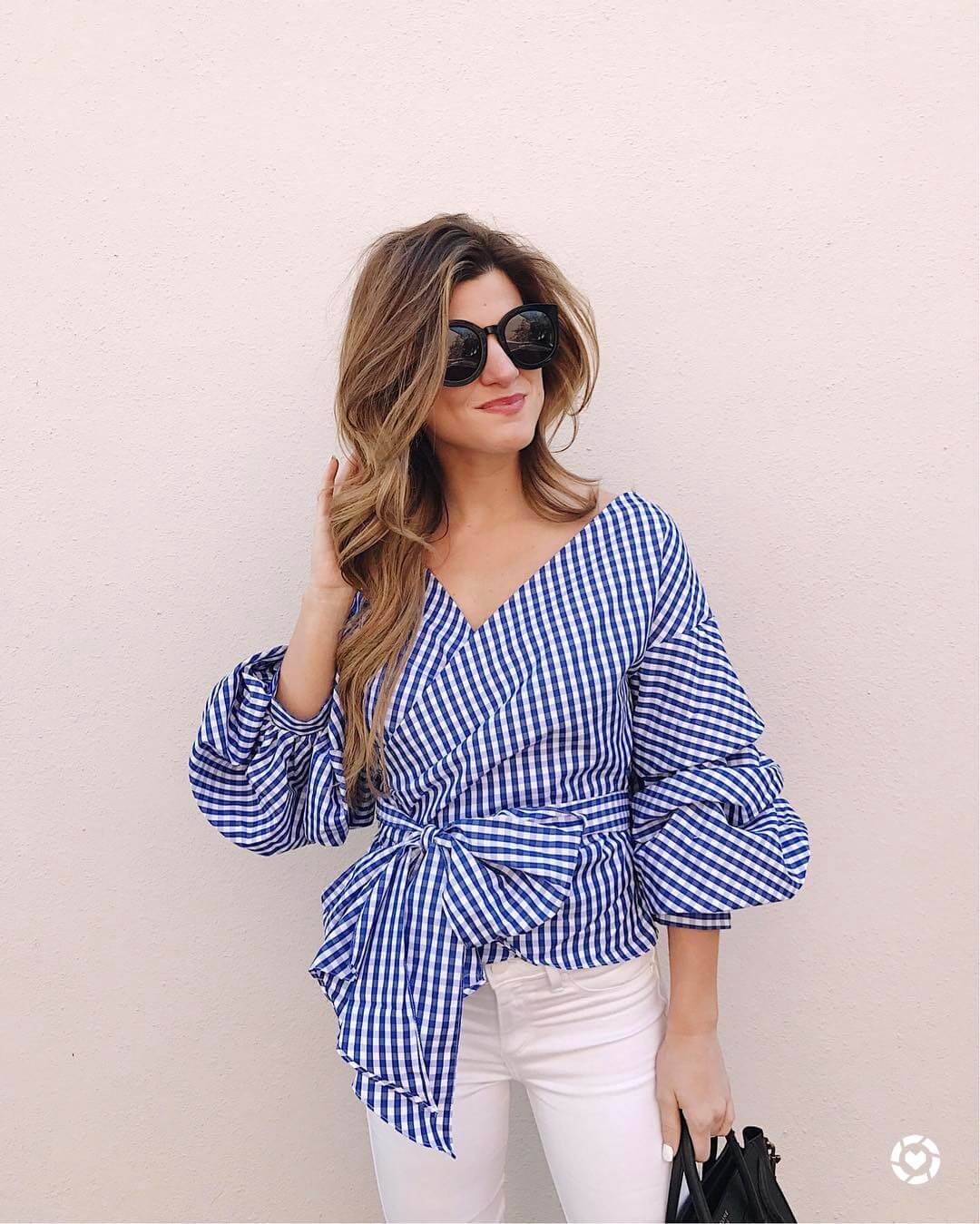 Wrap Top, Blue Checkered Top, White Jeans, Black Sunnies