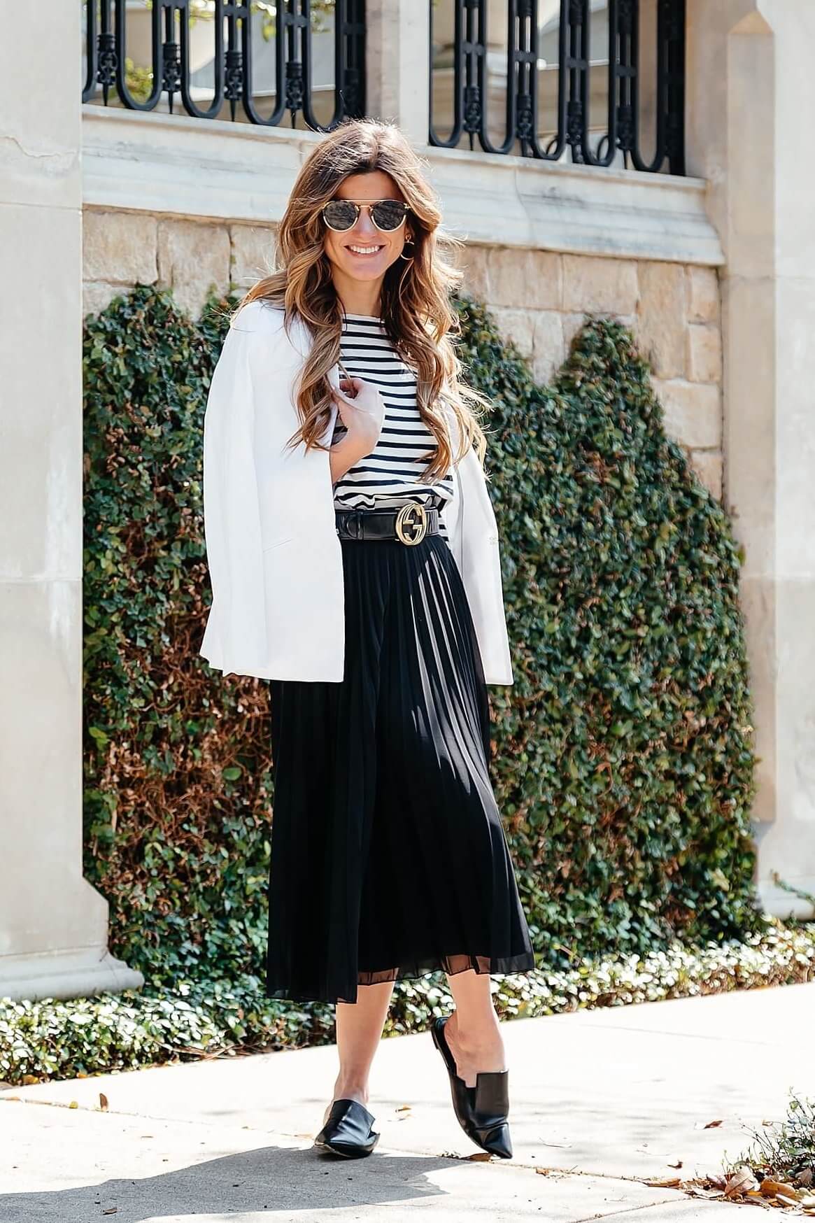 black pleated midi skirt, striped tee, gucci belt, pointed toe flats