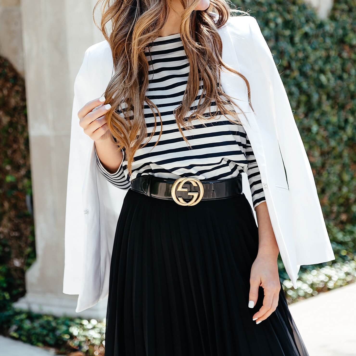 black pleated midi skirt, striped tee, gucci belt, pointed toe flats 15