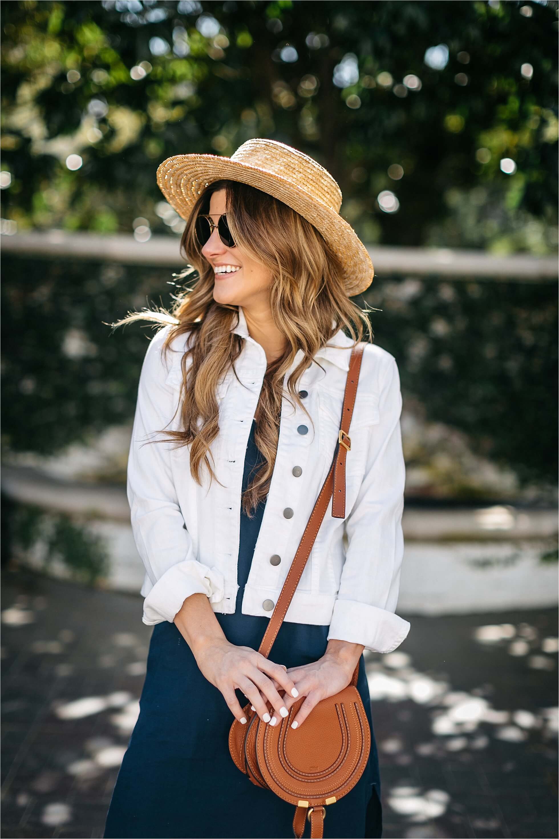 how to style a slip dress, splendid navy midi slip dress, cognac suede shoes, boater hat, chloe drew bag, spring outfit