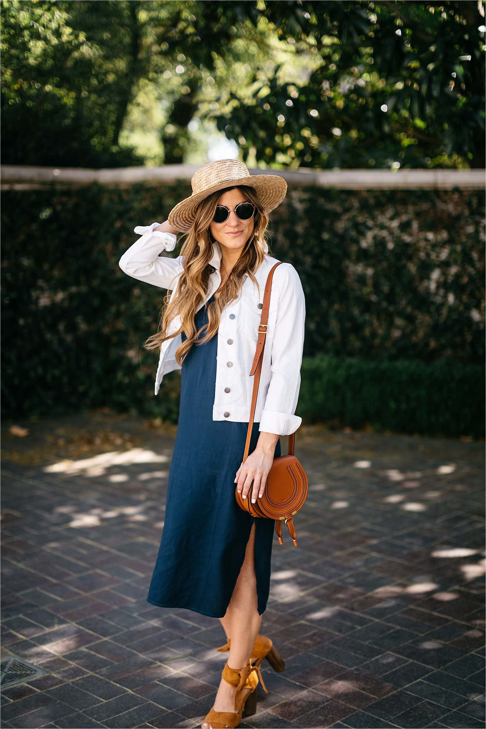 how to style a slip dress, splendid navy midi slip dress, cognac suede shoes, boater hat, chloe drew bag, spring outfit