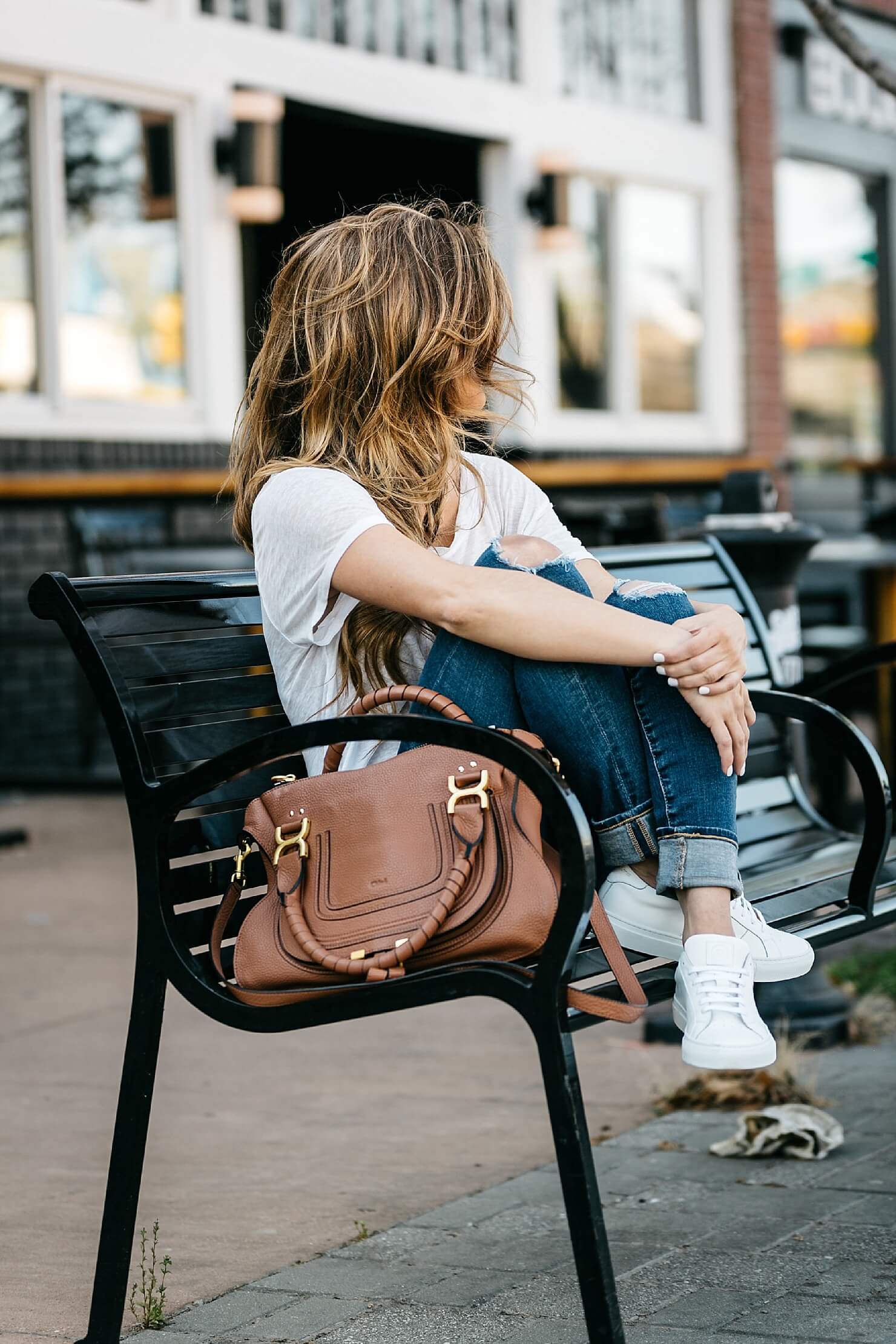 what to wear to baseball game, greats sneakers, white tee, AG distressed denim, chloe bag