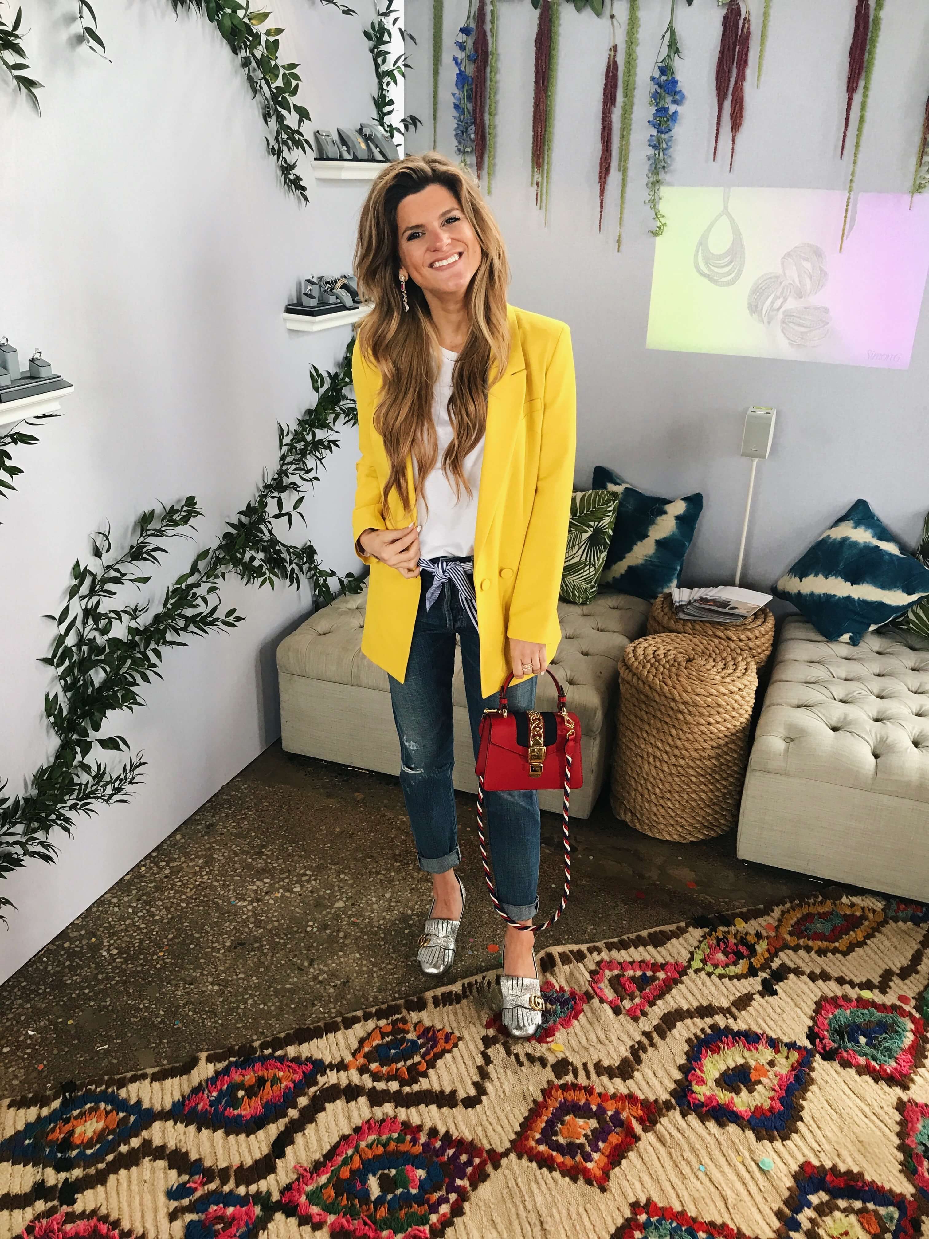 create cultivate outfit, boyfriend jeans, yellow topshop blazer 