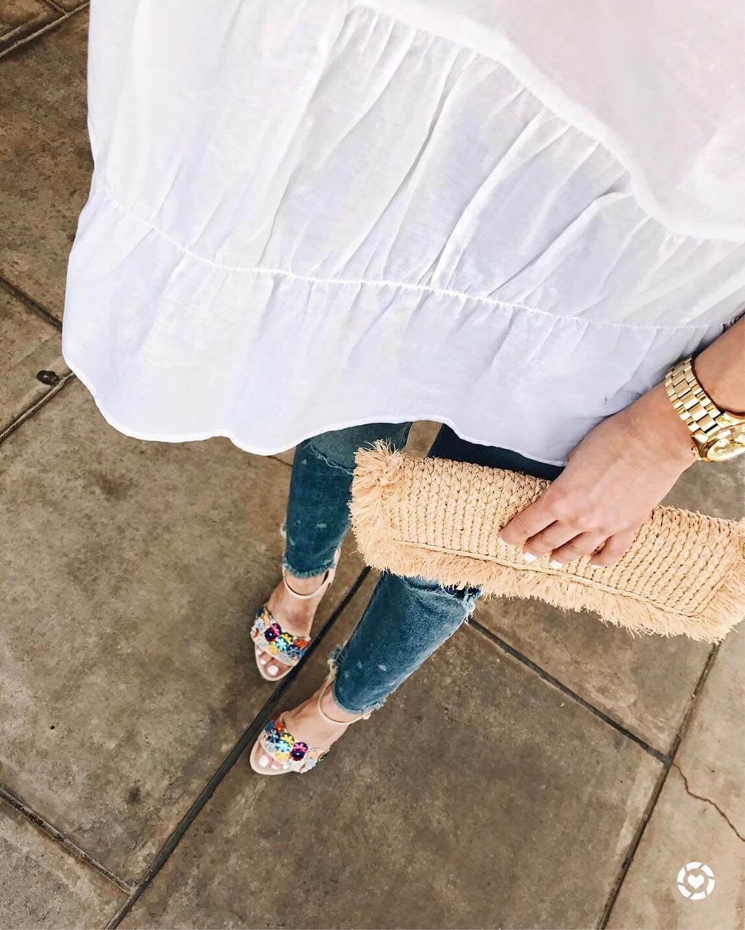 brighton keller selfie with white top and dee keller floral shoes