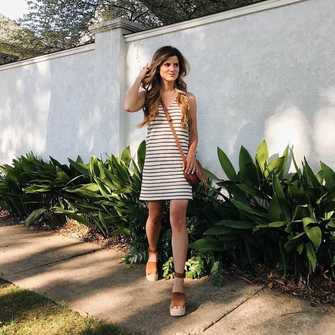 brighten keller wearing striped dress with wedges 
