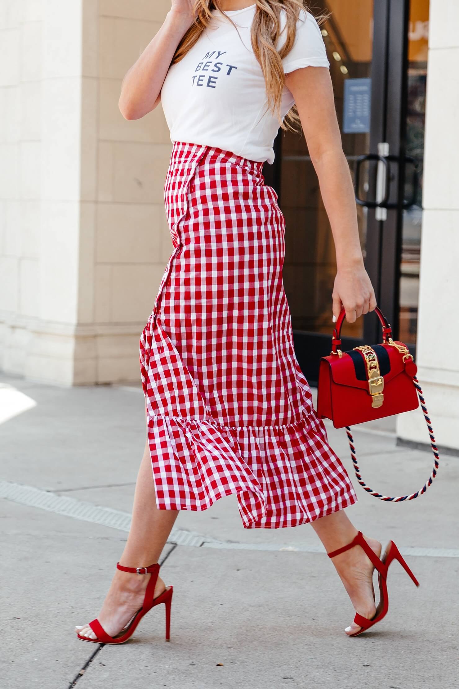 gingham ruffle midi skirt with strappy red heels