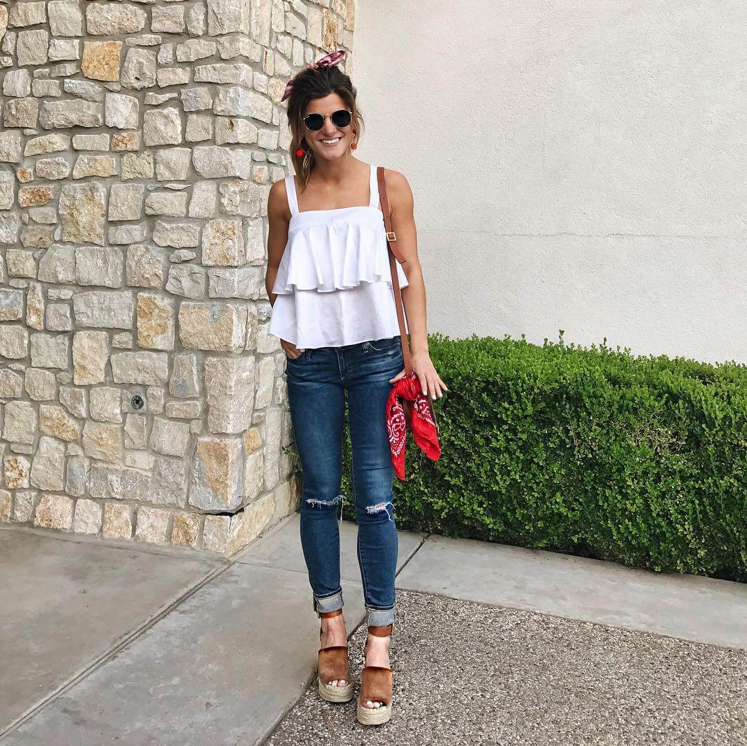fourth of july outfit wearing peplum tank and distressed jeans with marc fisher wedges and bandana 