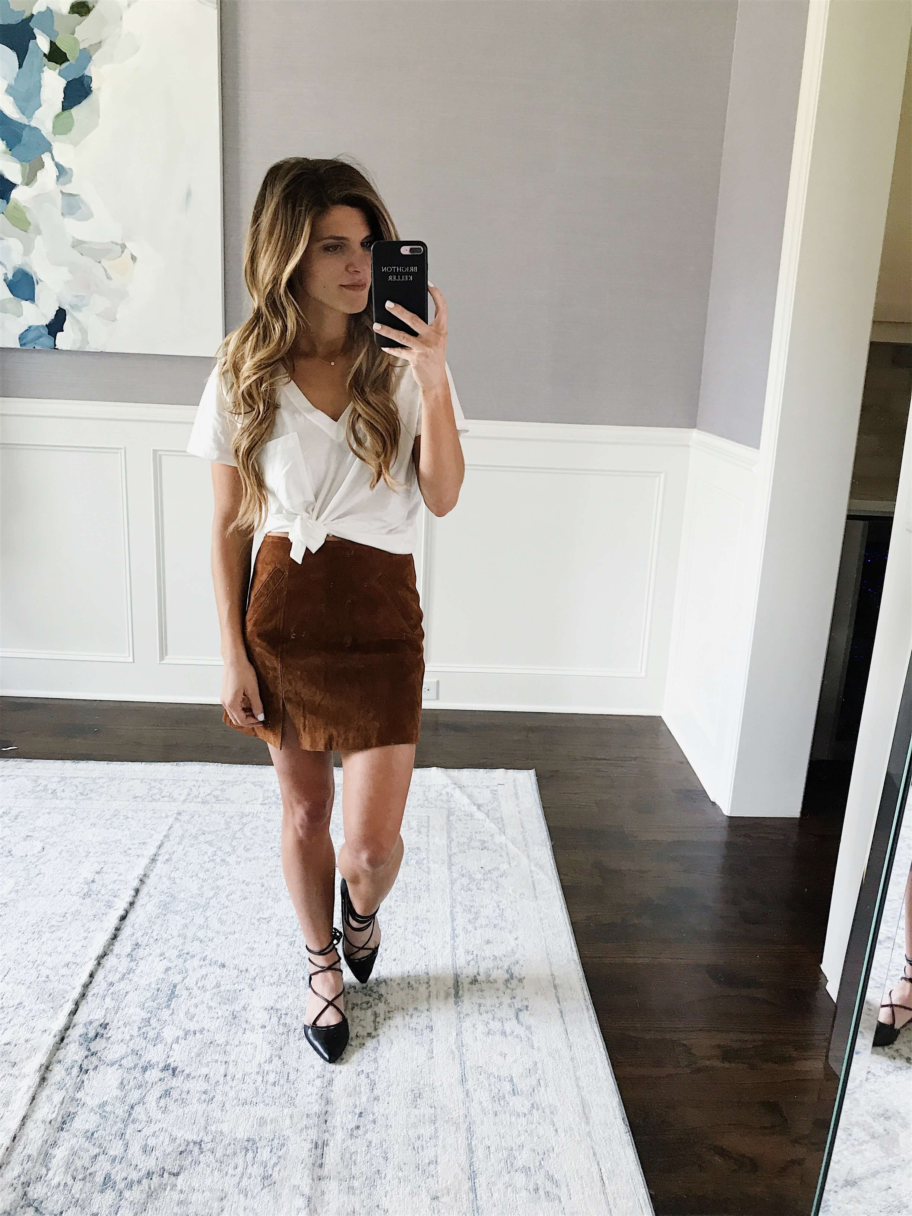 suede skirt, white tee, lace up black flats