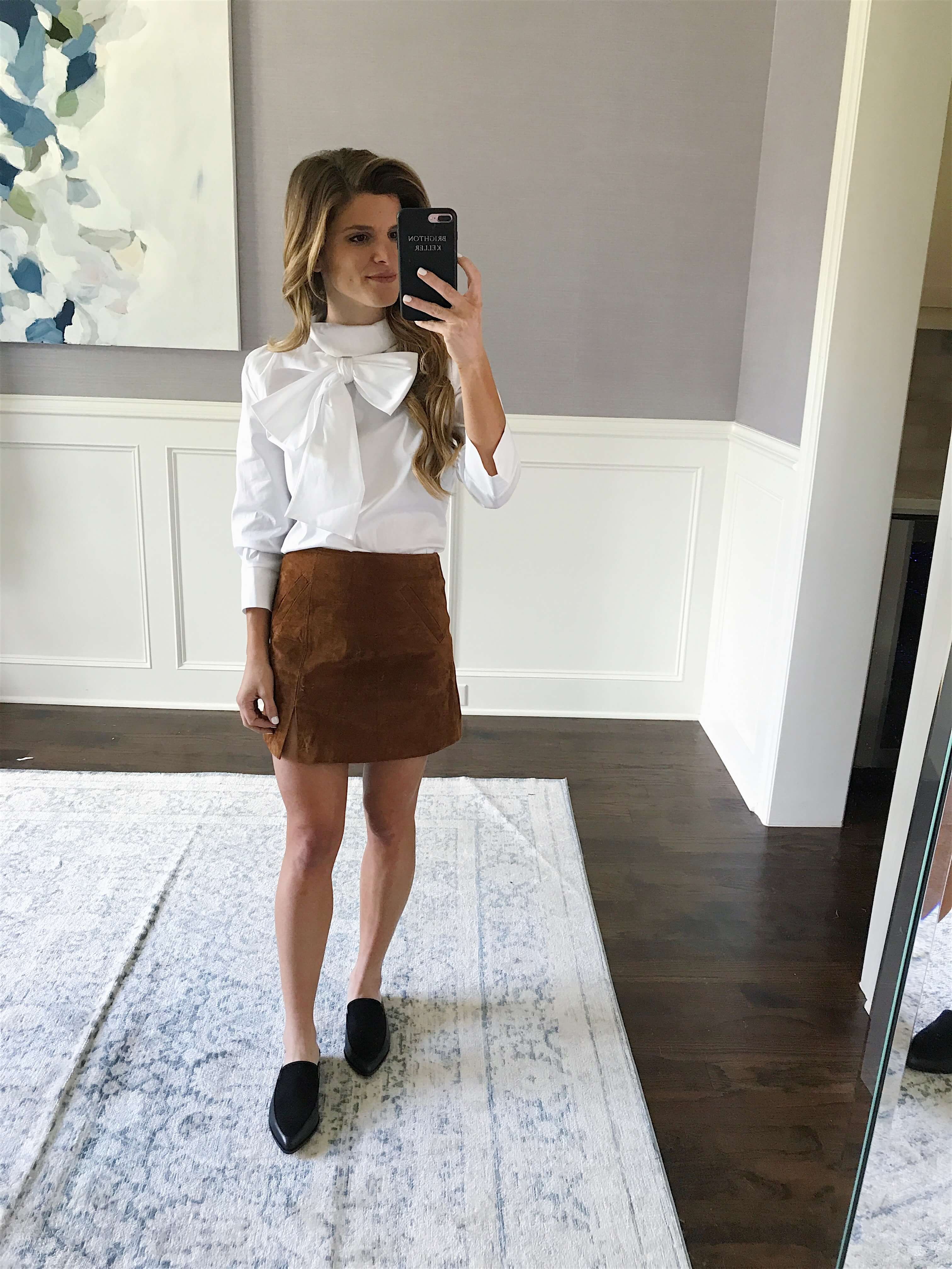 suede skirt, slides, bow blouse