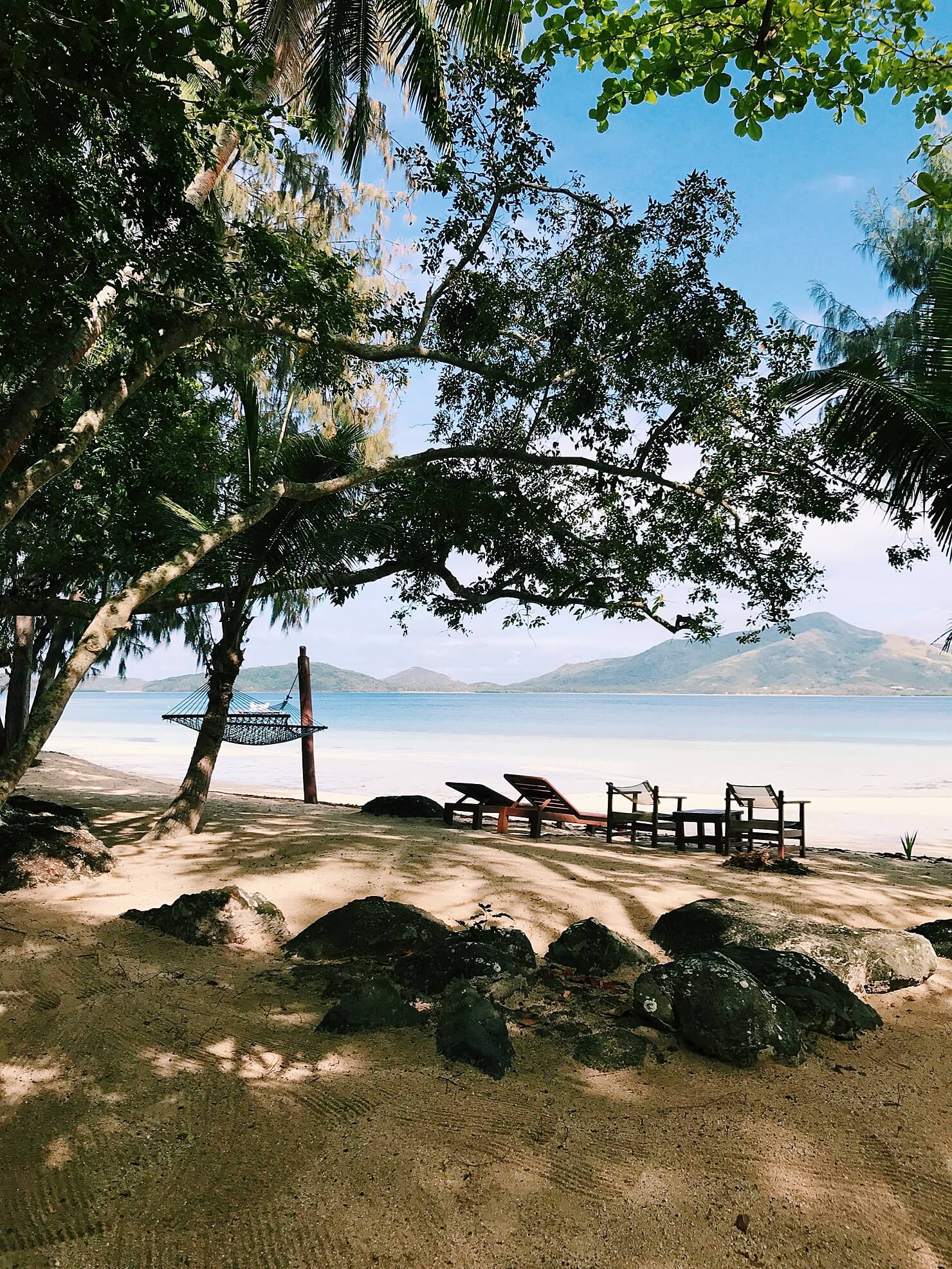 turtle island fiji hammock and chairs on private beach