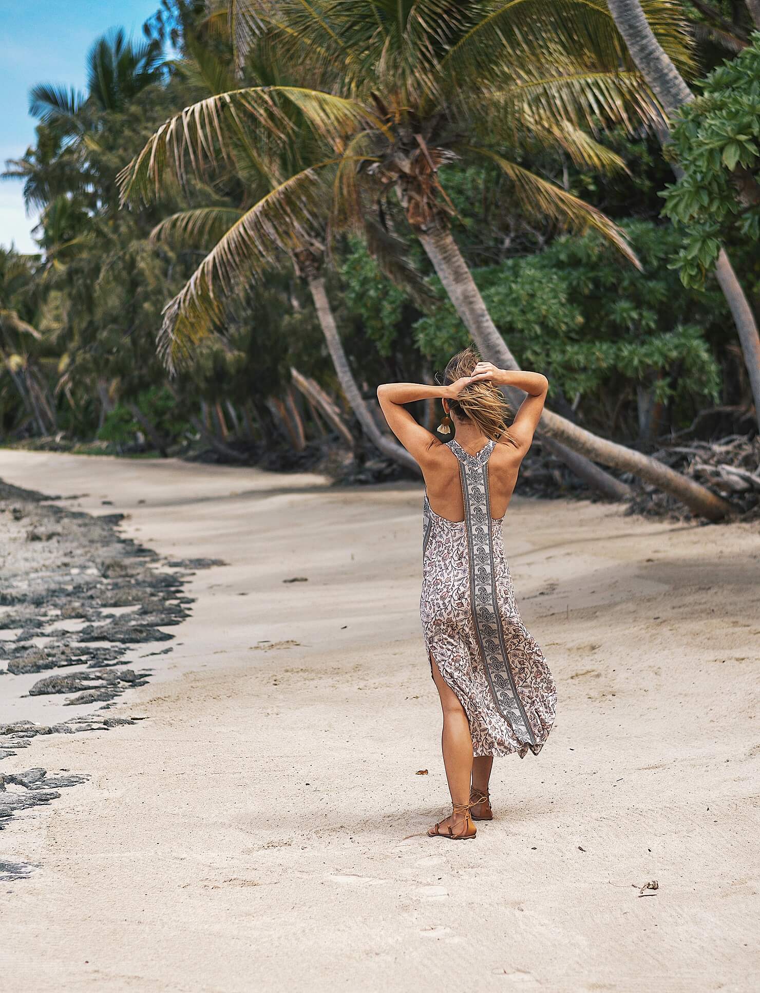 Turtle Island, Fiji - brighton keller wearing printed maxi dress on beach