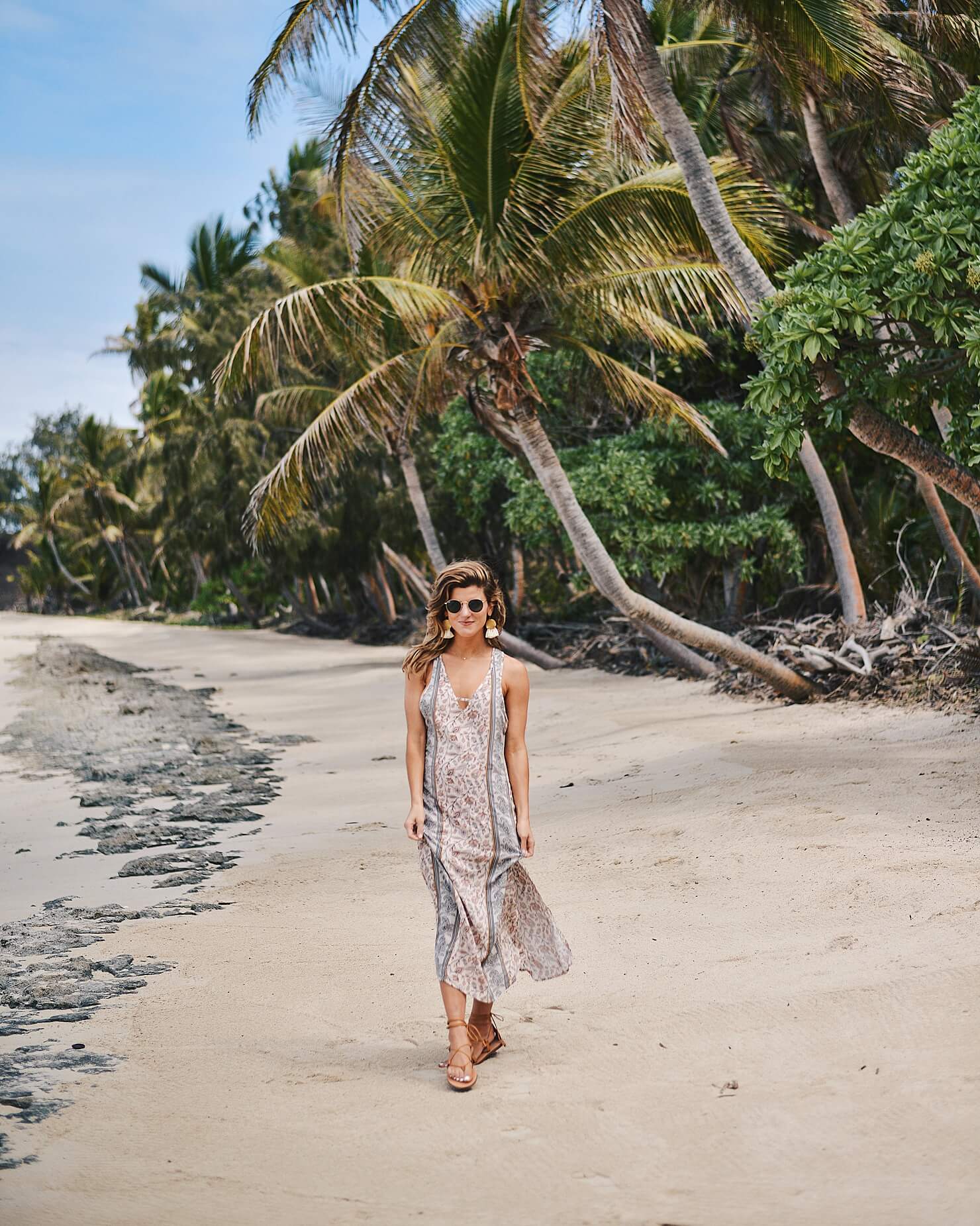 Turtle Island, Fiji - brighton keller wearing printed maxi dress on beach
