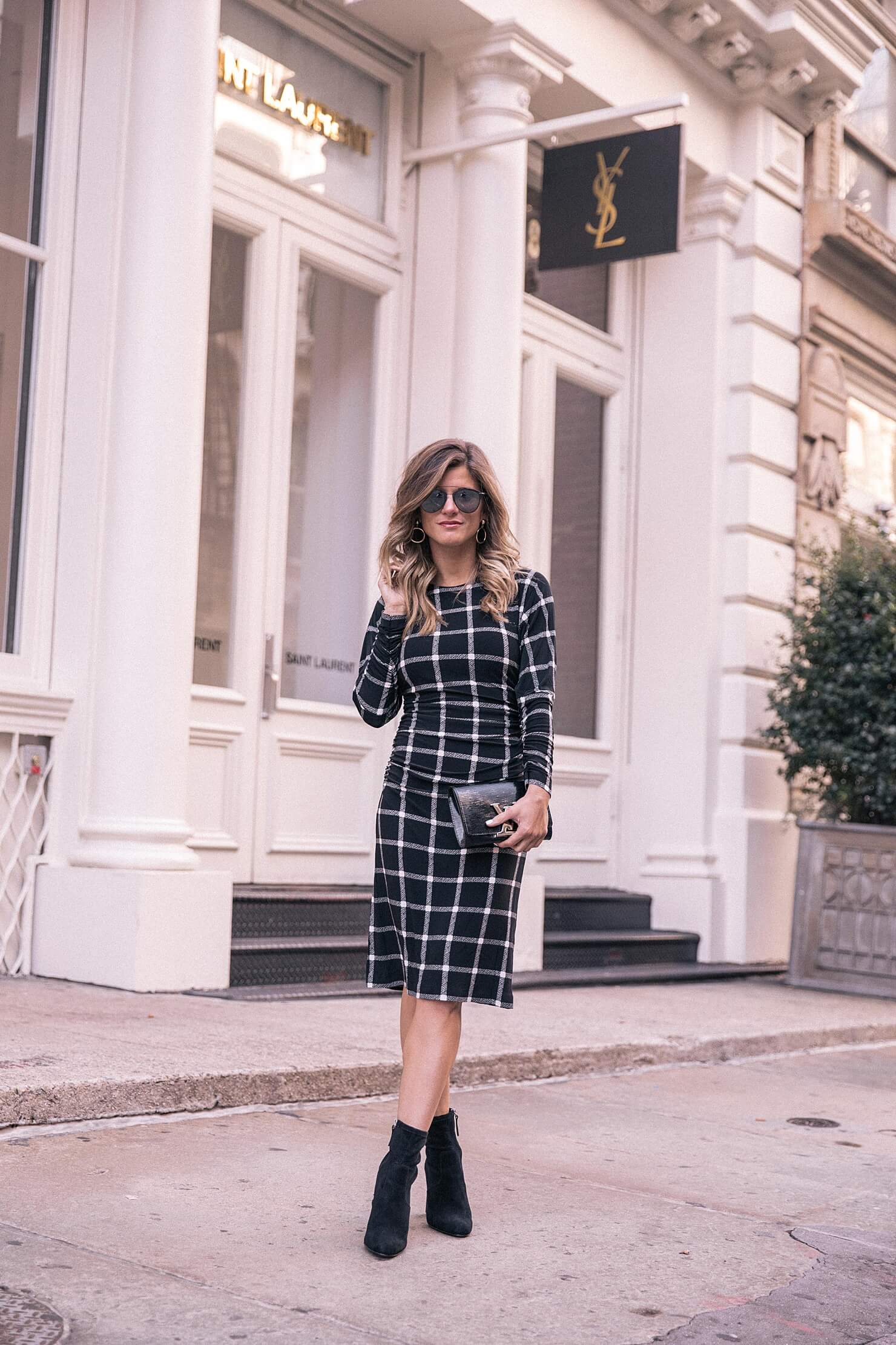 black and white plaid dolman dress with black booties 