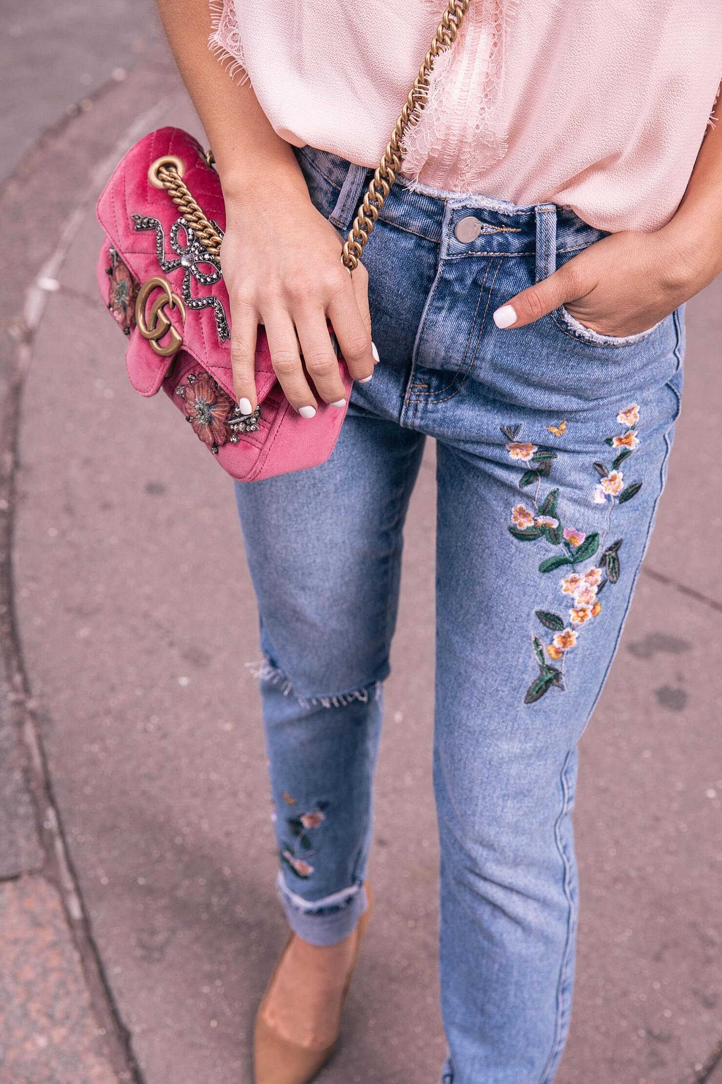 how to pull off mom jeans // brighton keller wearing rose embroidered jeans with lace sleepless blouse and Mini GG Marmont Matelassé Velvet Shoulder Bag with dee keller portia pumps in cognac suede