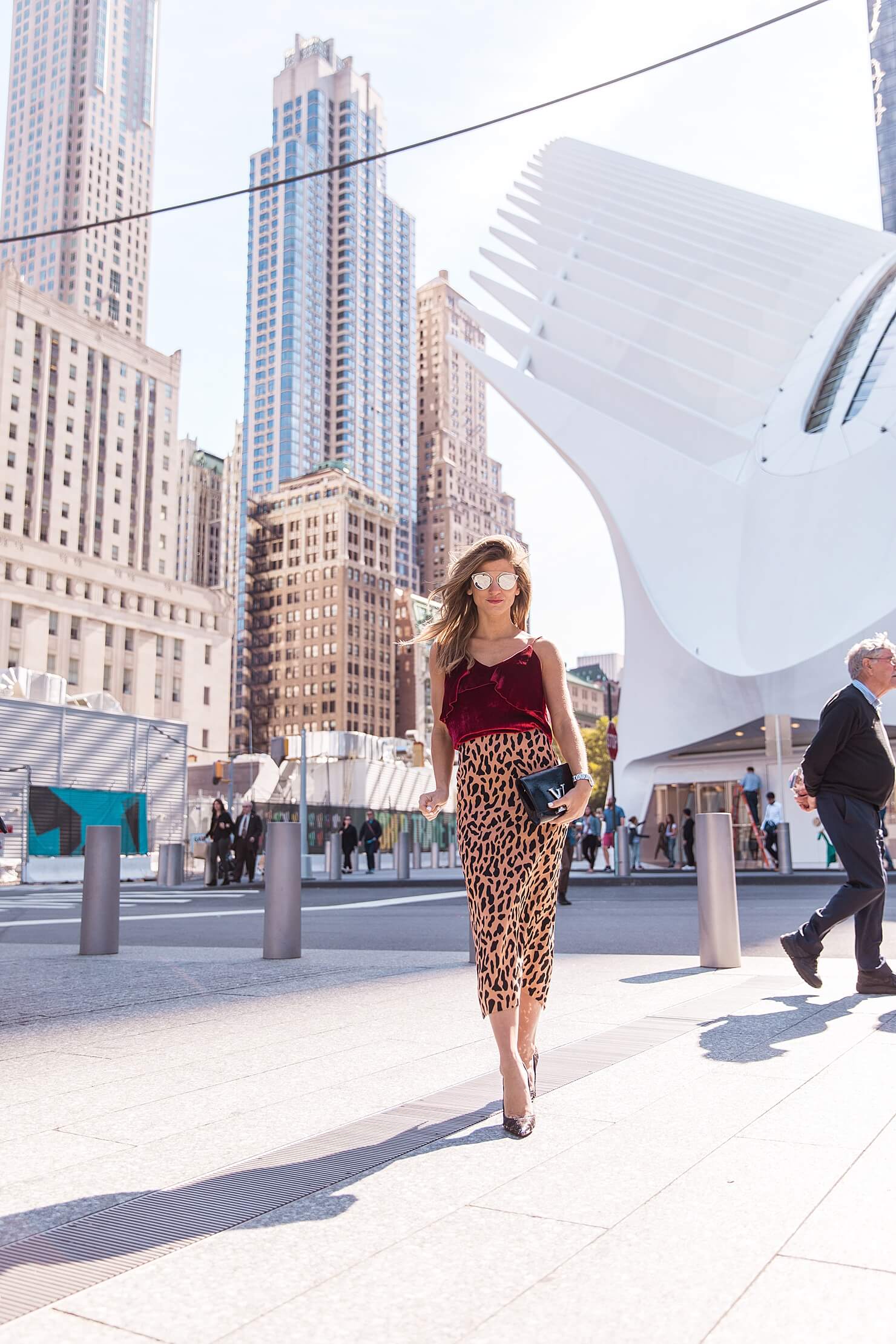 brighton keller NYFW leopard pencil skirt in financial district