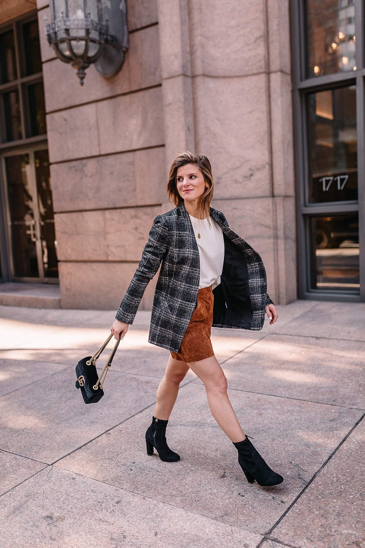 plaid blazer fall trend outfit with suede skirt and black booties