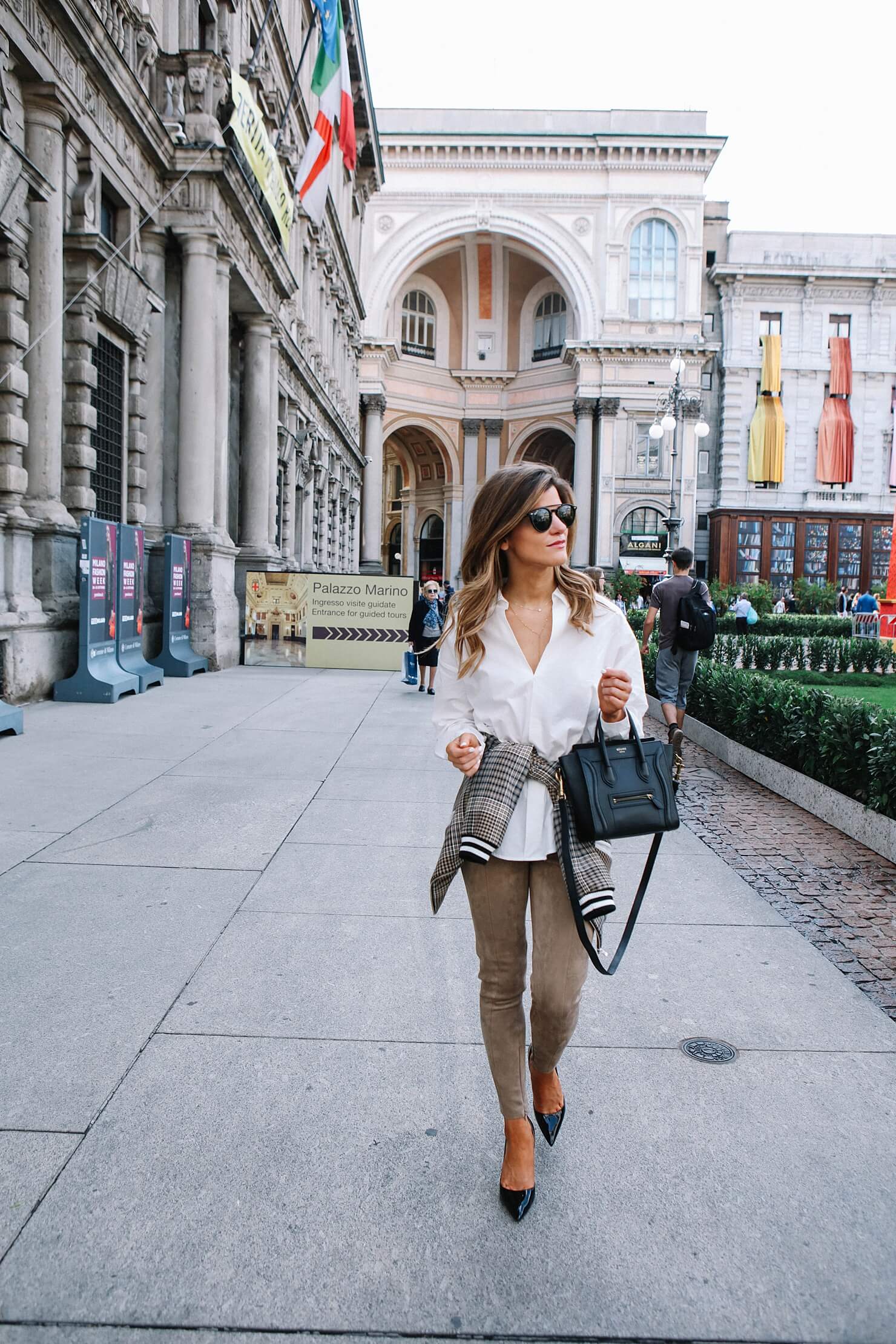 plaid bomber, white button down, suede pants, and pumps, fall outfit, Celine nano in Milan, italy