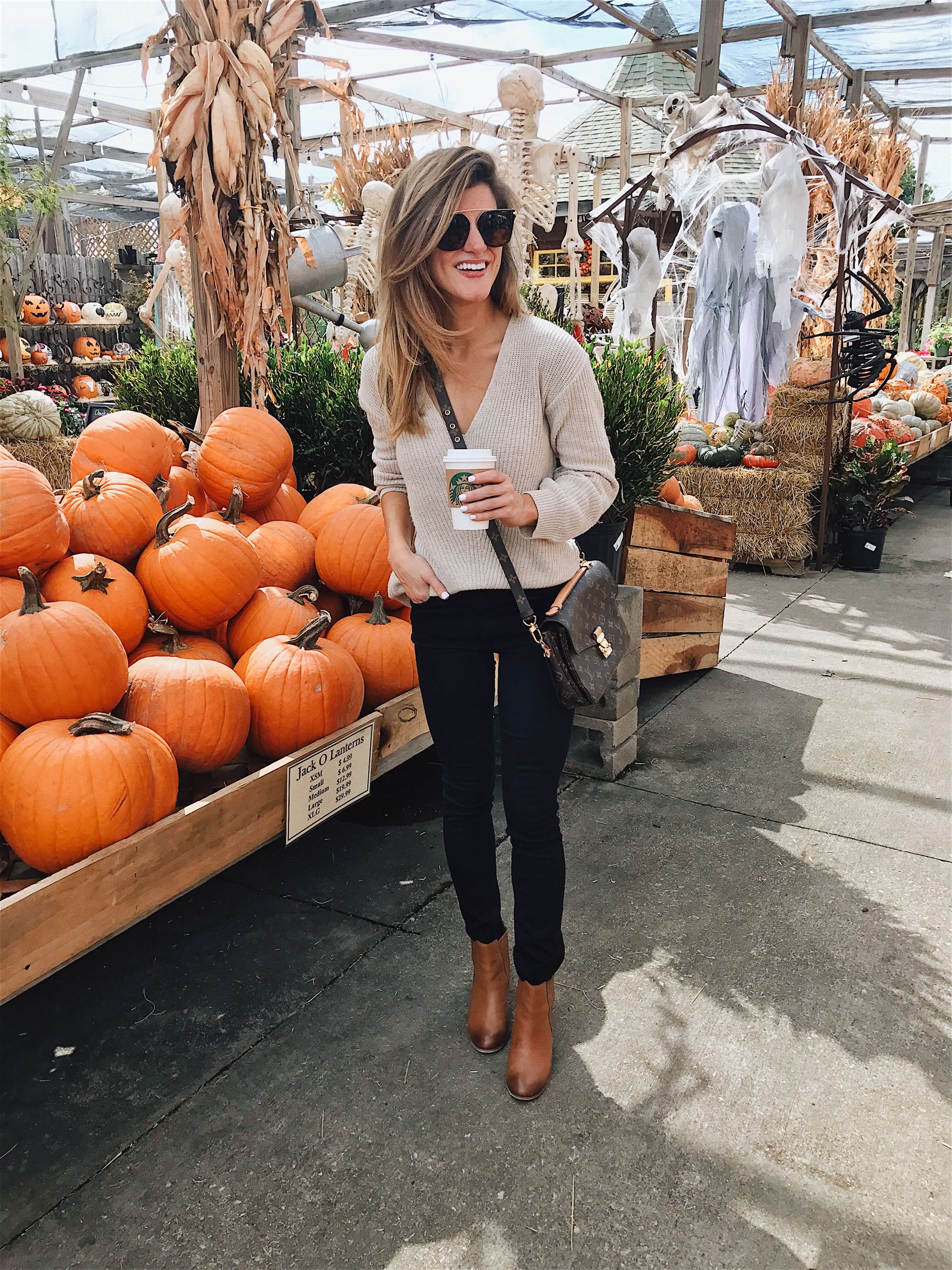 bp v-neck sweater with black jeans and brown booties // fall outfit ideas