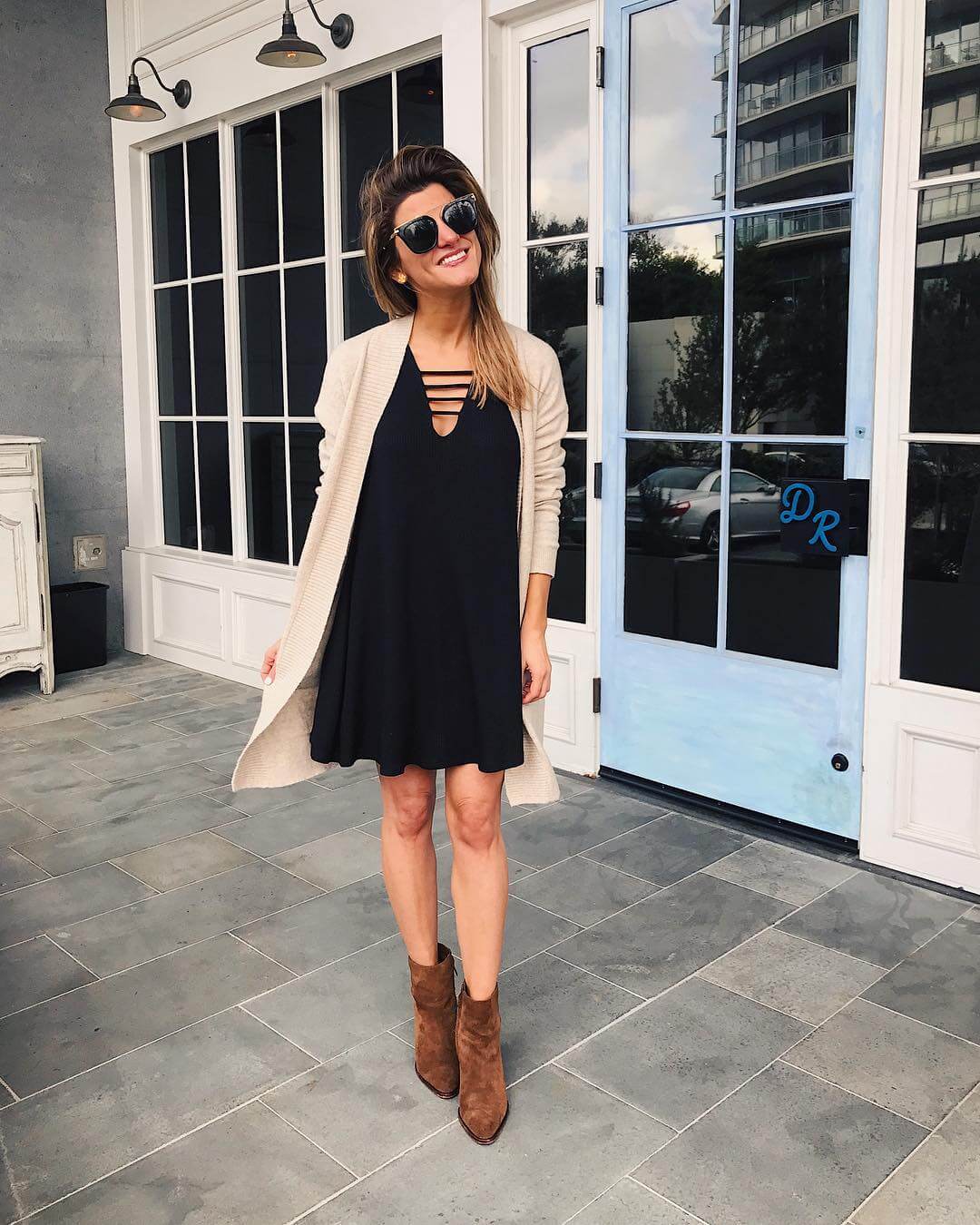 lush strappy front dress with cardigan and brown suede booties // fall outfit ideas