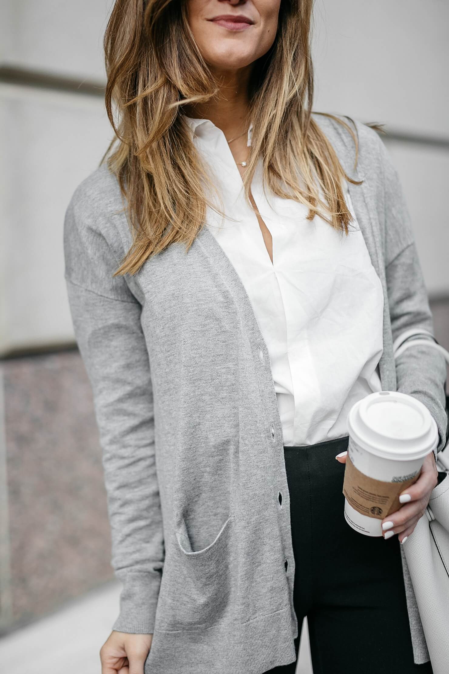 grey lightweight cardigan, white button down shirt, black ponte pants, and kitten heels // business casual outfit ideas