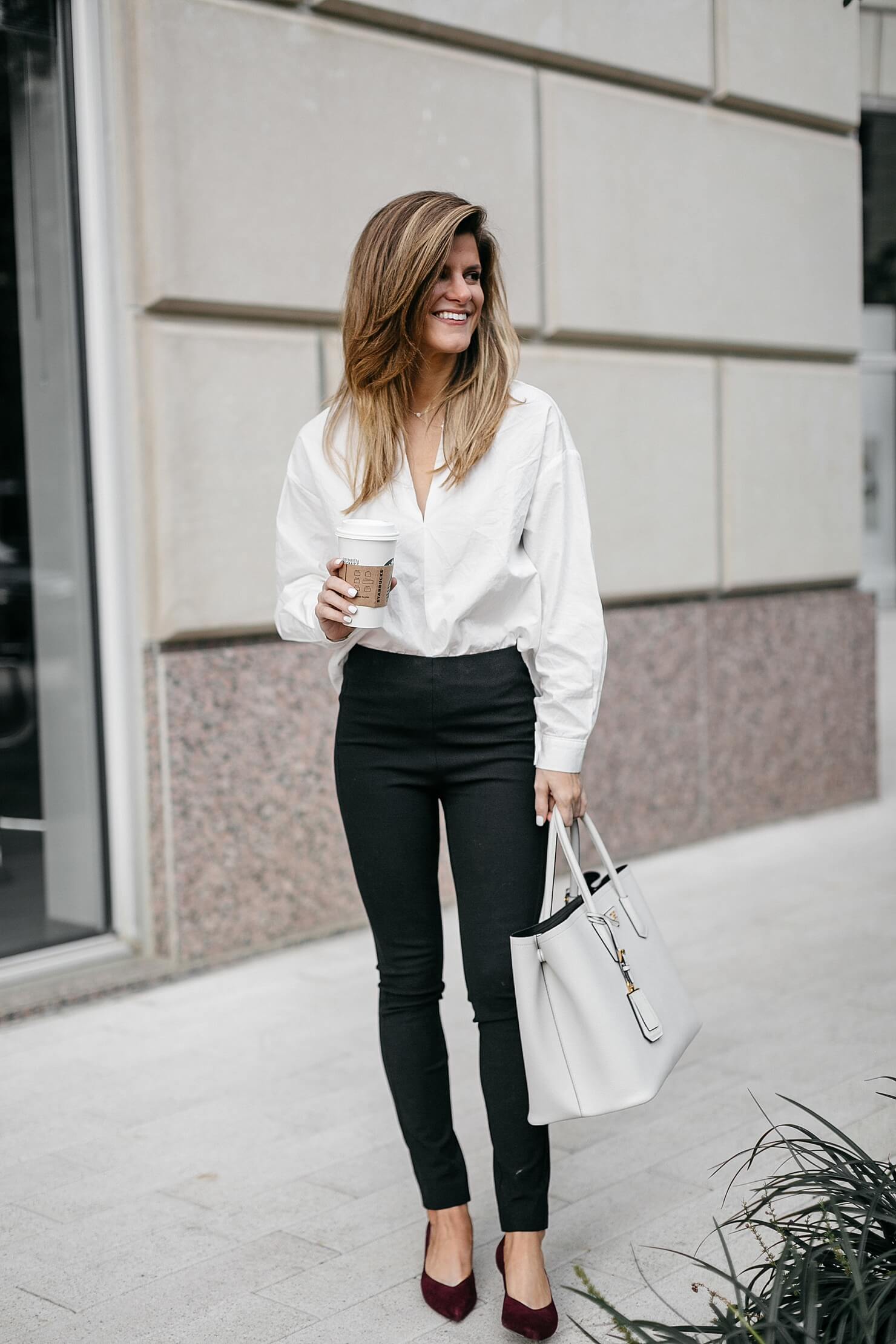 grey lightweight cardigan, white button down shirt, black ponte pants, and kitten heels // business casual outfit ideas