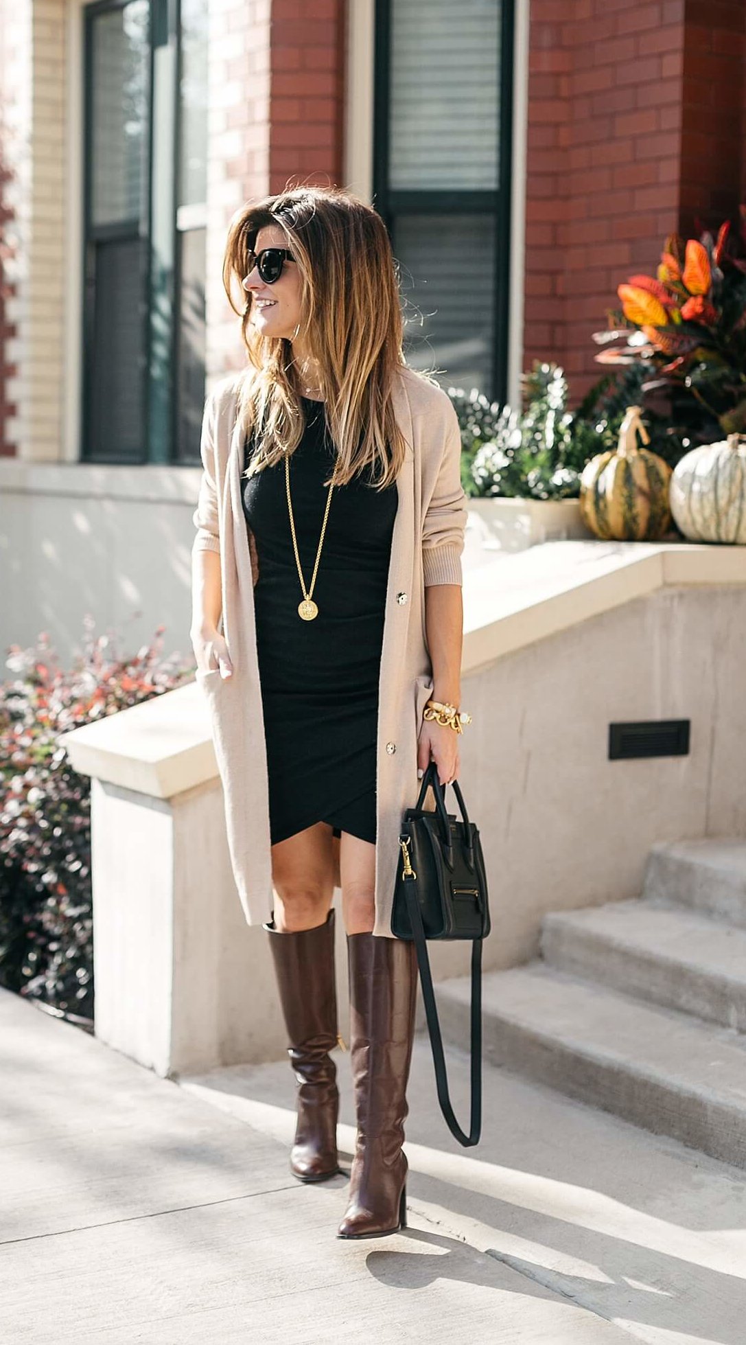 Leith ruched dress, camel cardigan, tall leather brown boots // fall outfit ideas // fall date night ideas