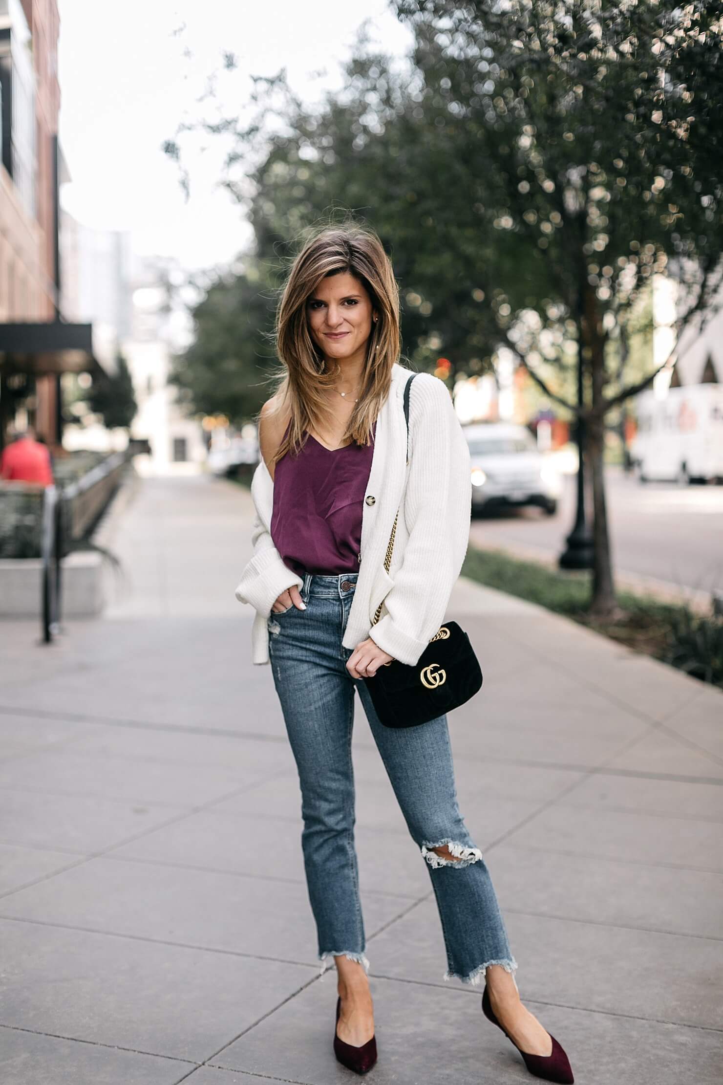 camisole tank, cream cardigan, girlfriend jeans and kitten heels with gucci bag