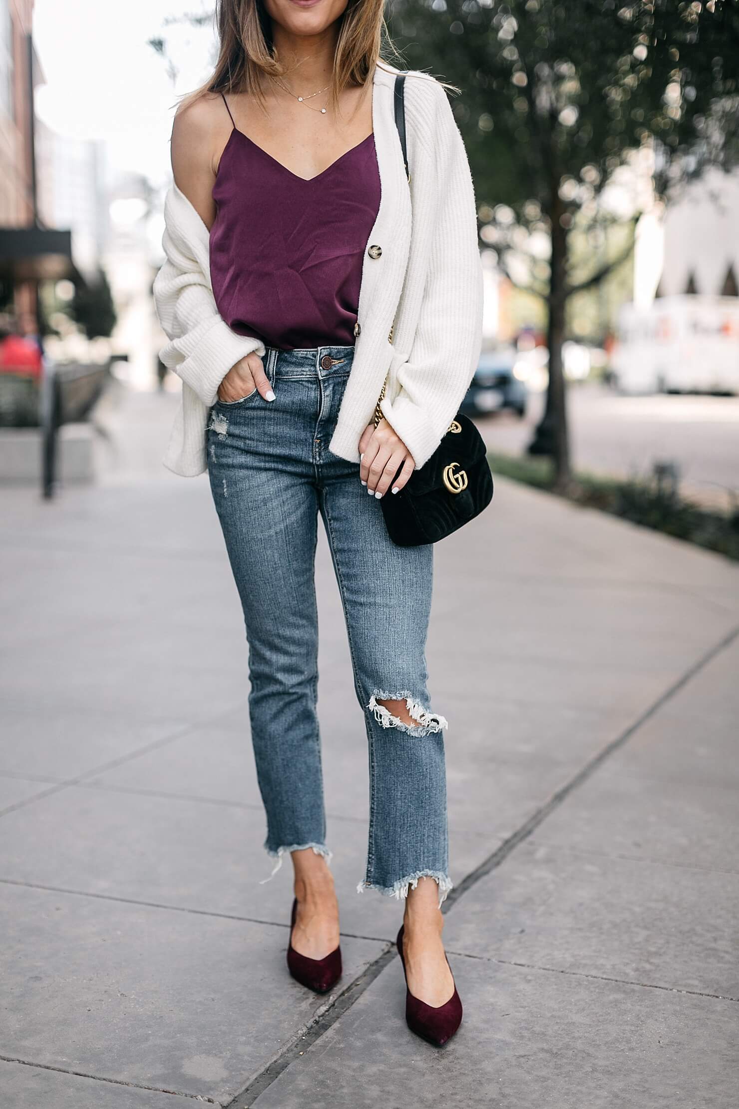 camisole tank, cream cardigan, girlfriend jeans and kitten heels with gucci bag