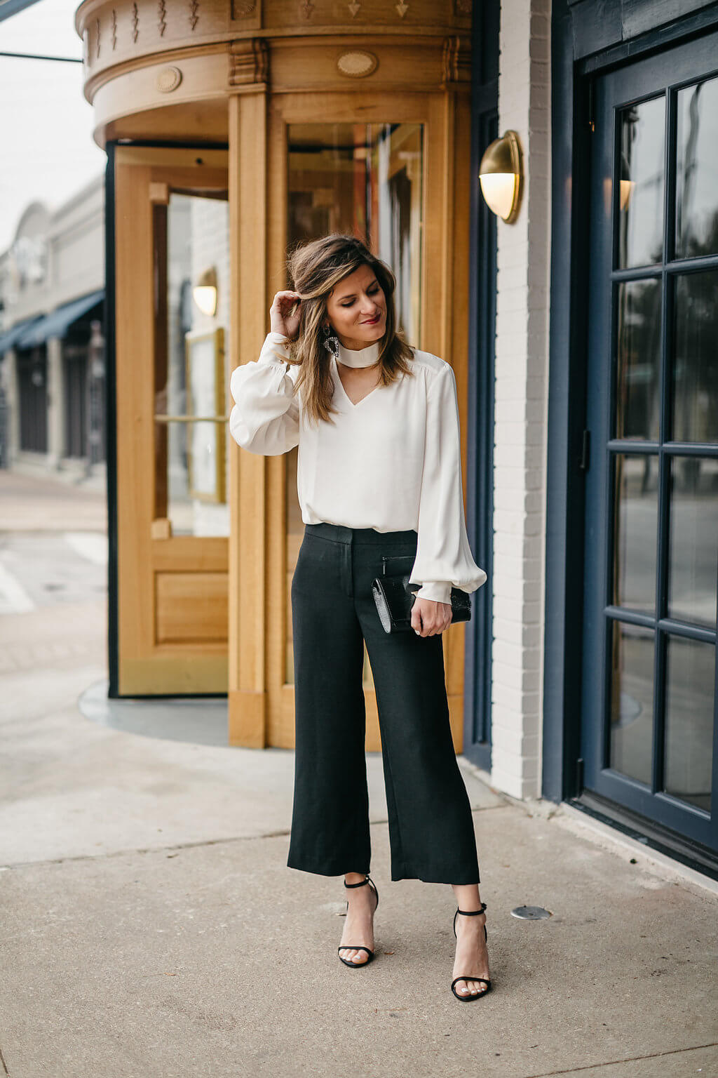 vince camuto white blouse, black cropped pants, strappy heels, office attire