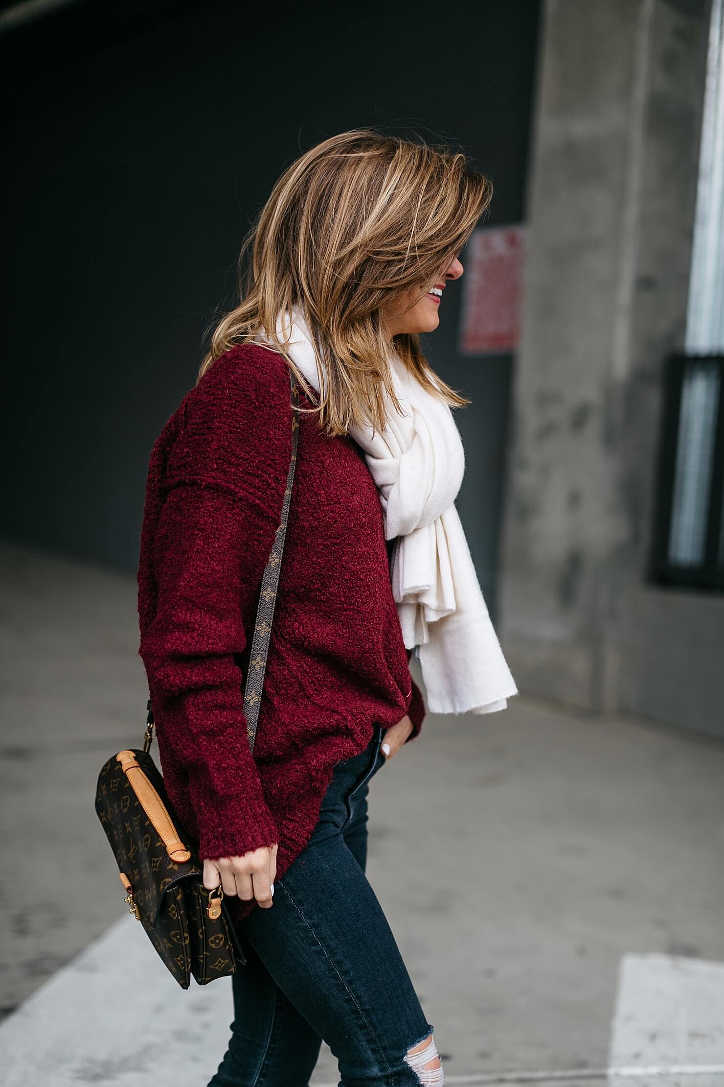 burgundy sweater, skinny jeans, white scarf and brown booties 