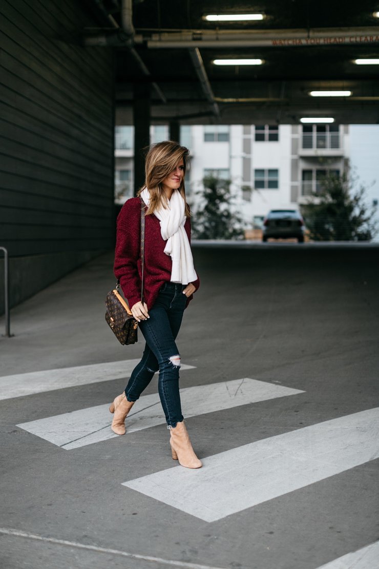 burgundy sweater, skinny jeans, white scarf and brown booties