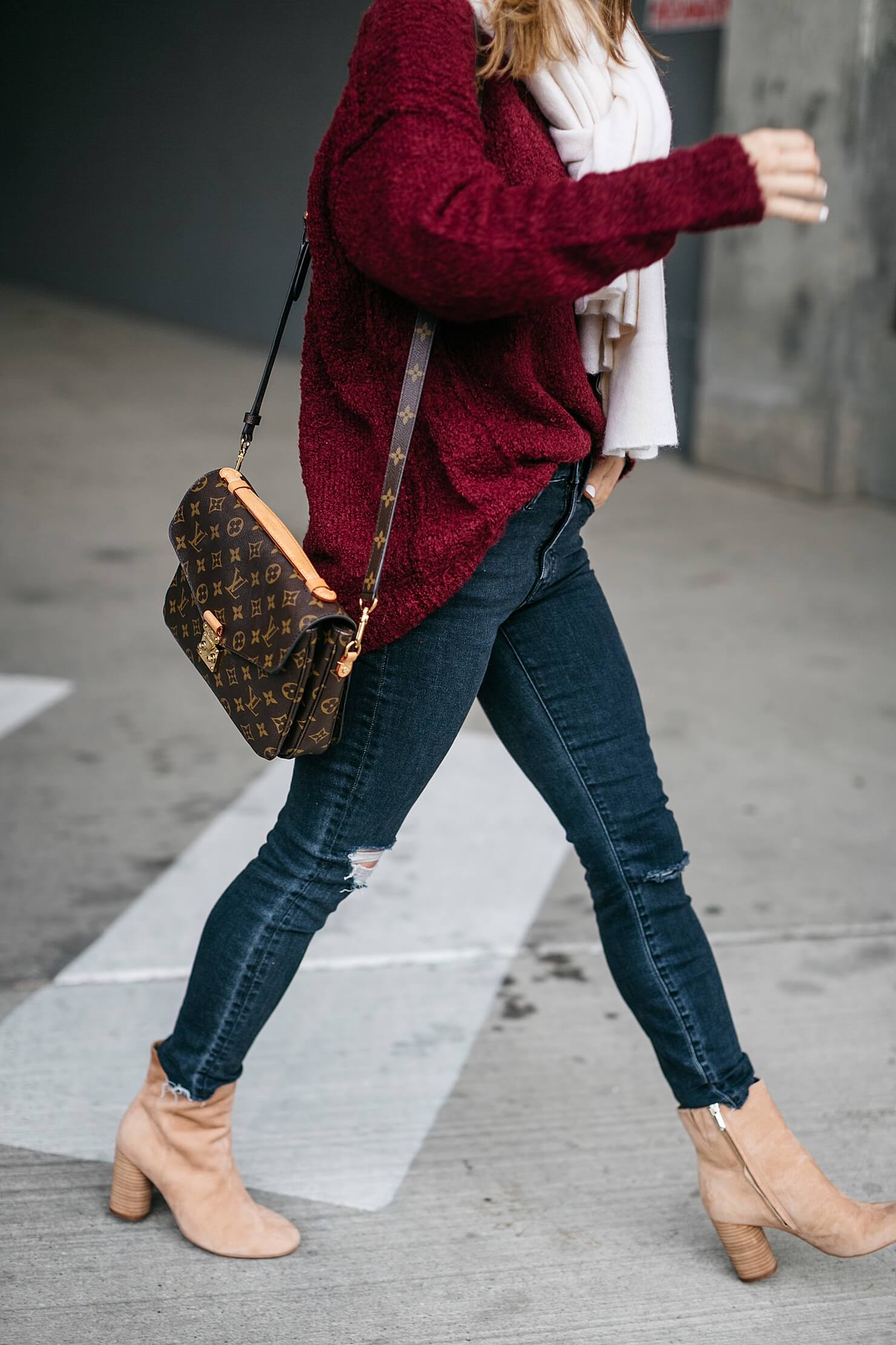 burgundy sweater, skinny jeans, white scarf and brown booties 
