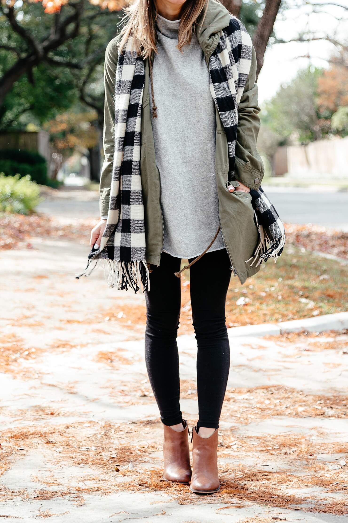 black leggings outfit with grey tunic, scarf, brown booties 10