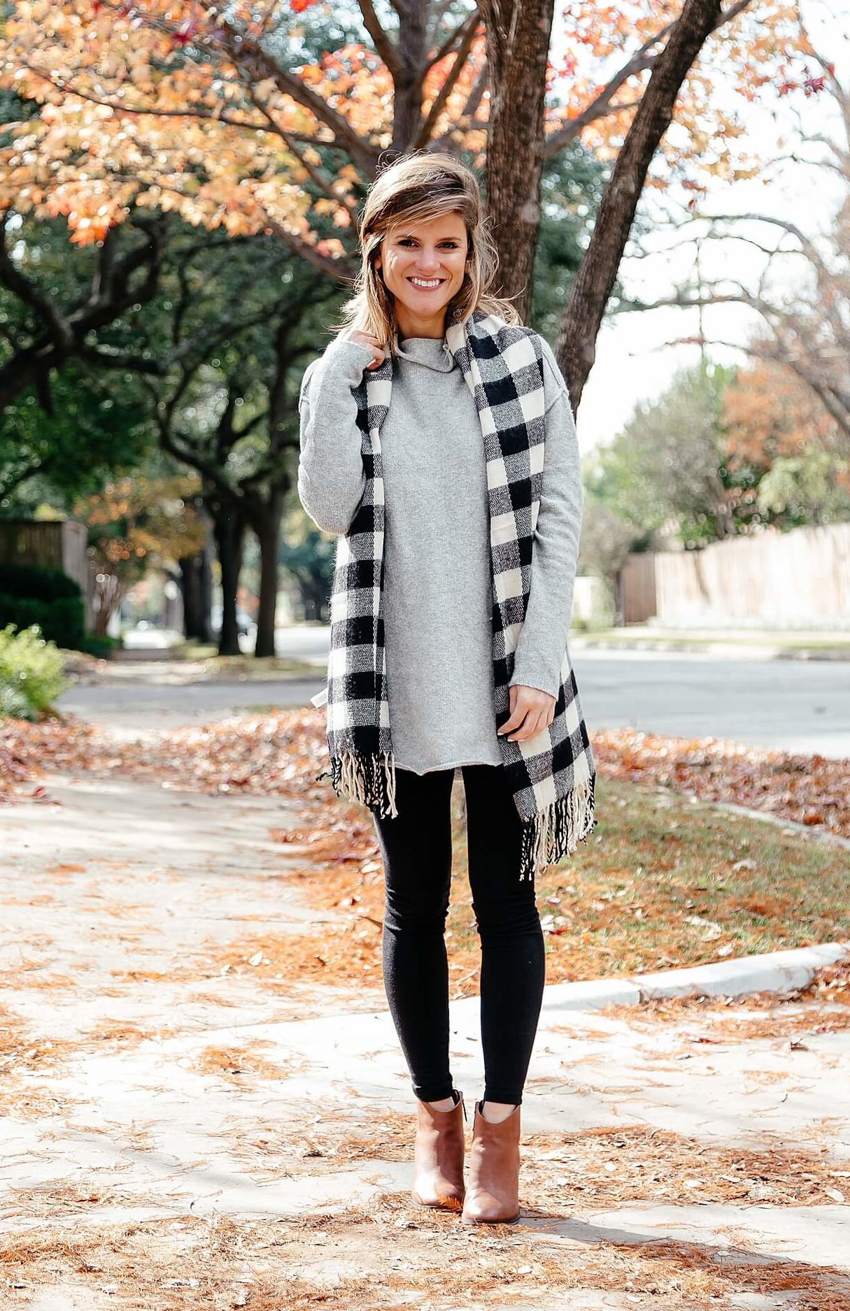 black leggings outfit with grey tunic, scarf, brown booties 12