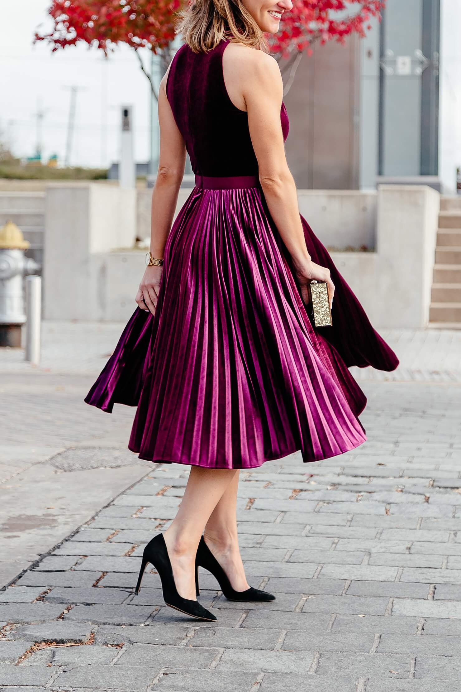 ted baker velvet pleated dress with clutch, new years outfit idea 