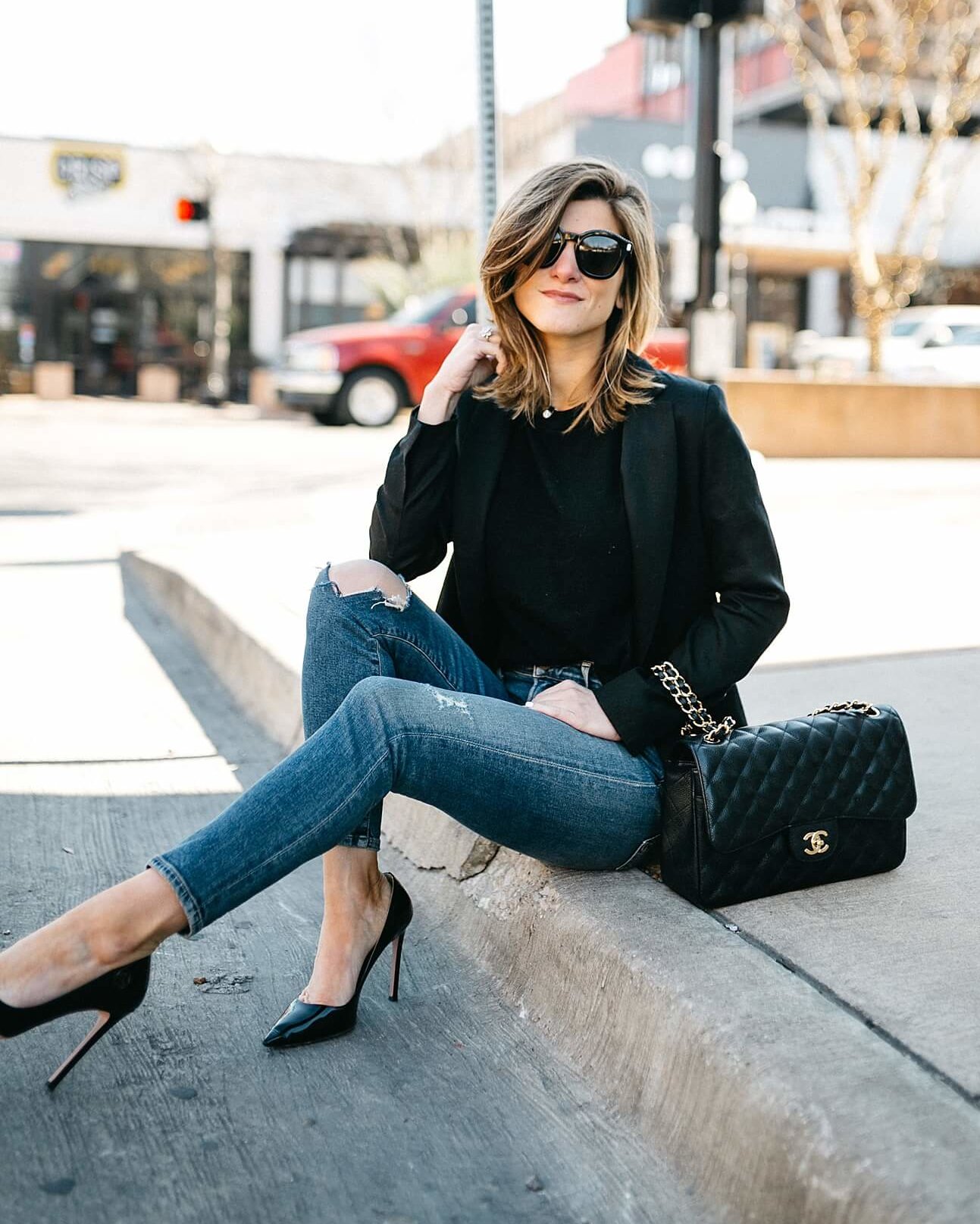 prada patent leather pumps with cropped jeans, black blazer and crewneck tee with chanel jumbo bag