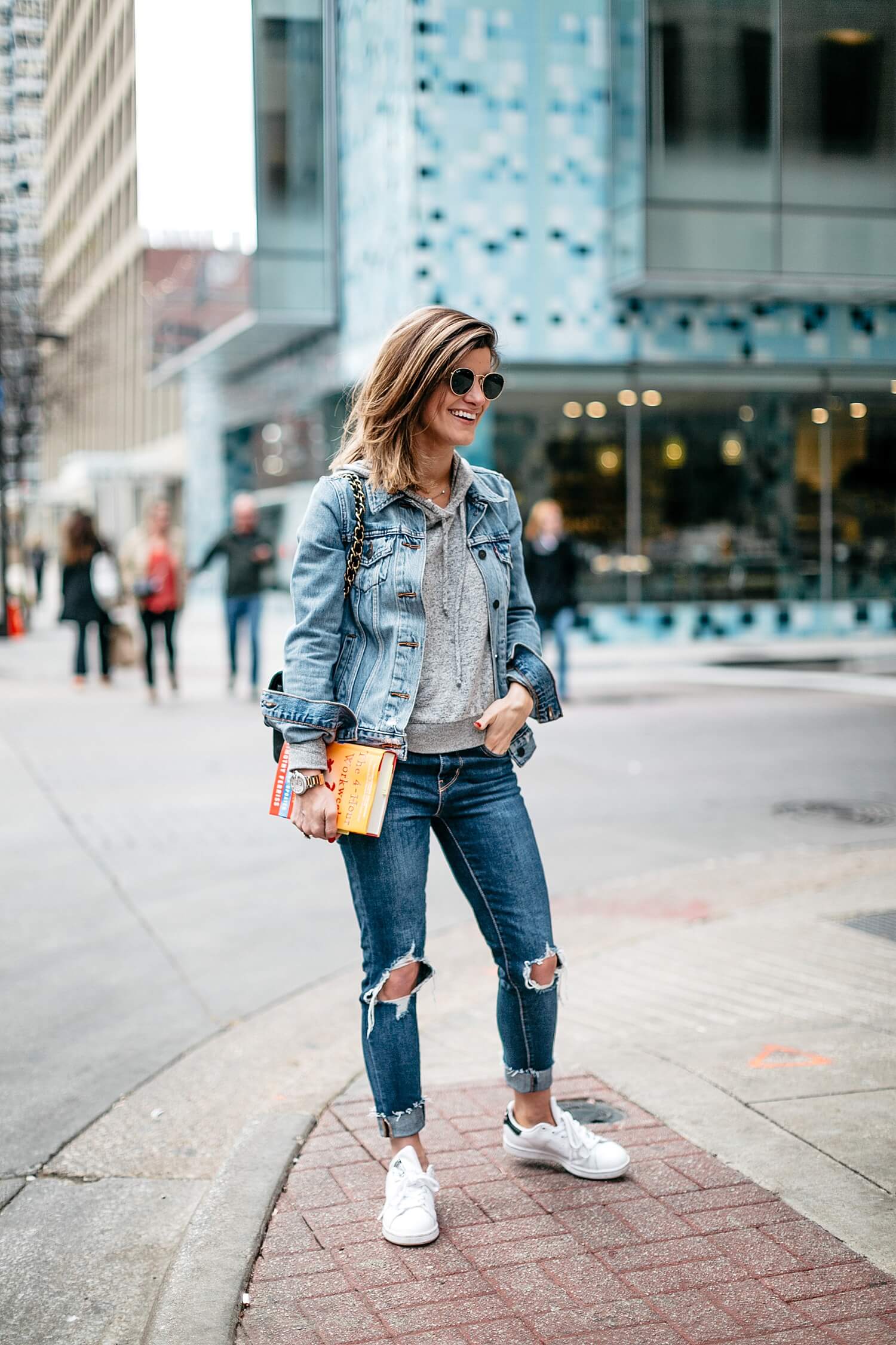 canadian tuxedo outfit with adidas stan smith sneakers