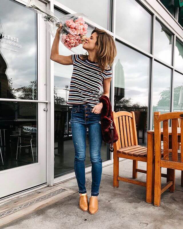 madewell jeans, striped tee, leather mules