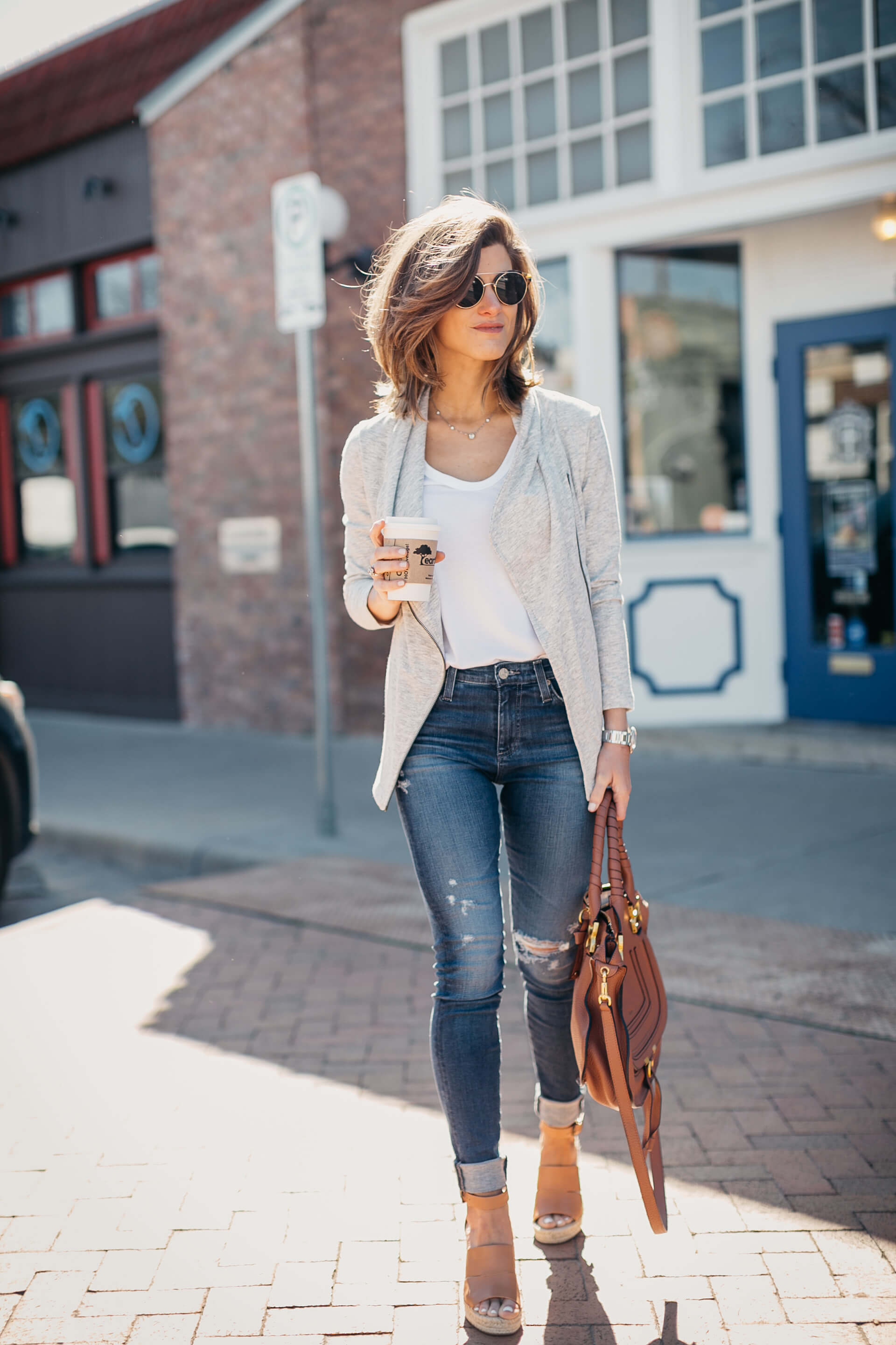 03 - AG jeans, grey jacket, white tank, neutral wedges, casual Spring look 1