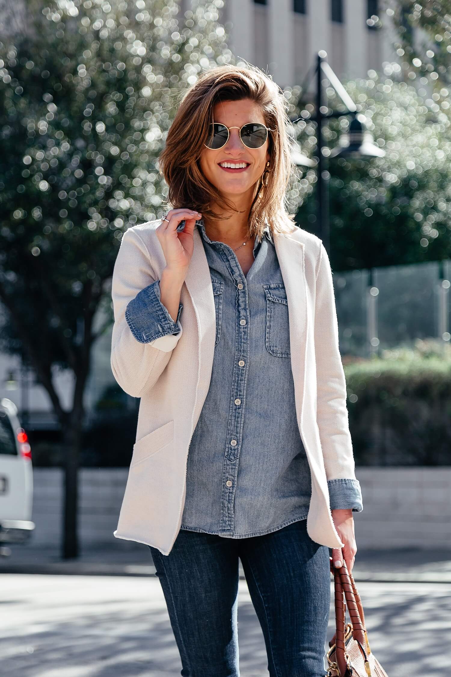 denim on denim outfit with cognac leather madewell mules