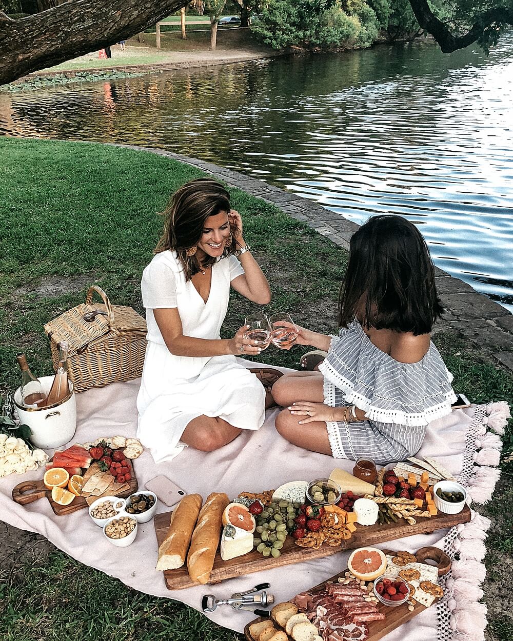summer picnic spread, cheese and crackers, fruit and rose summer bucketlist