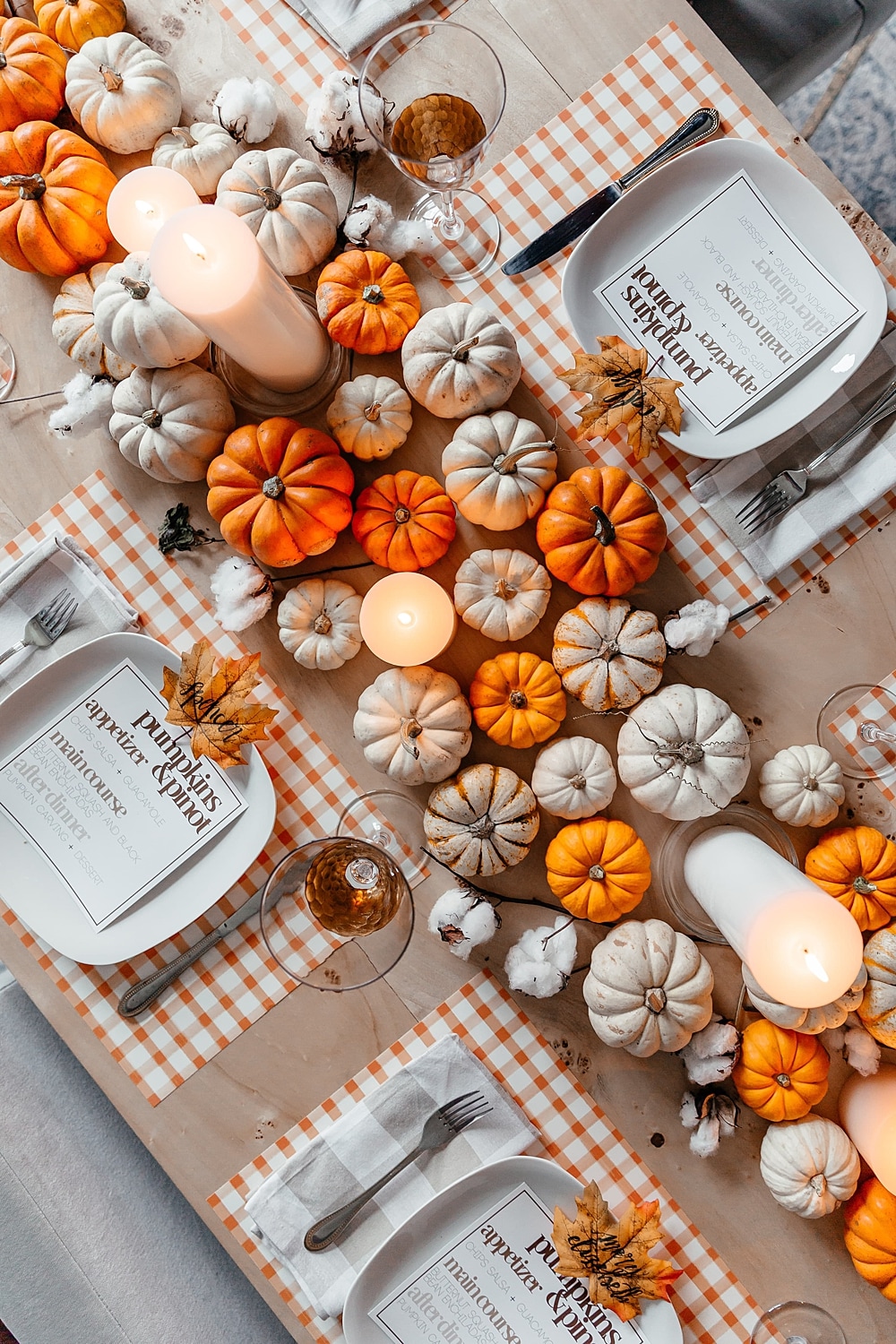 orange and white pumpkins tablescape thanksgiving table setting detaila
